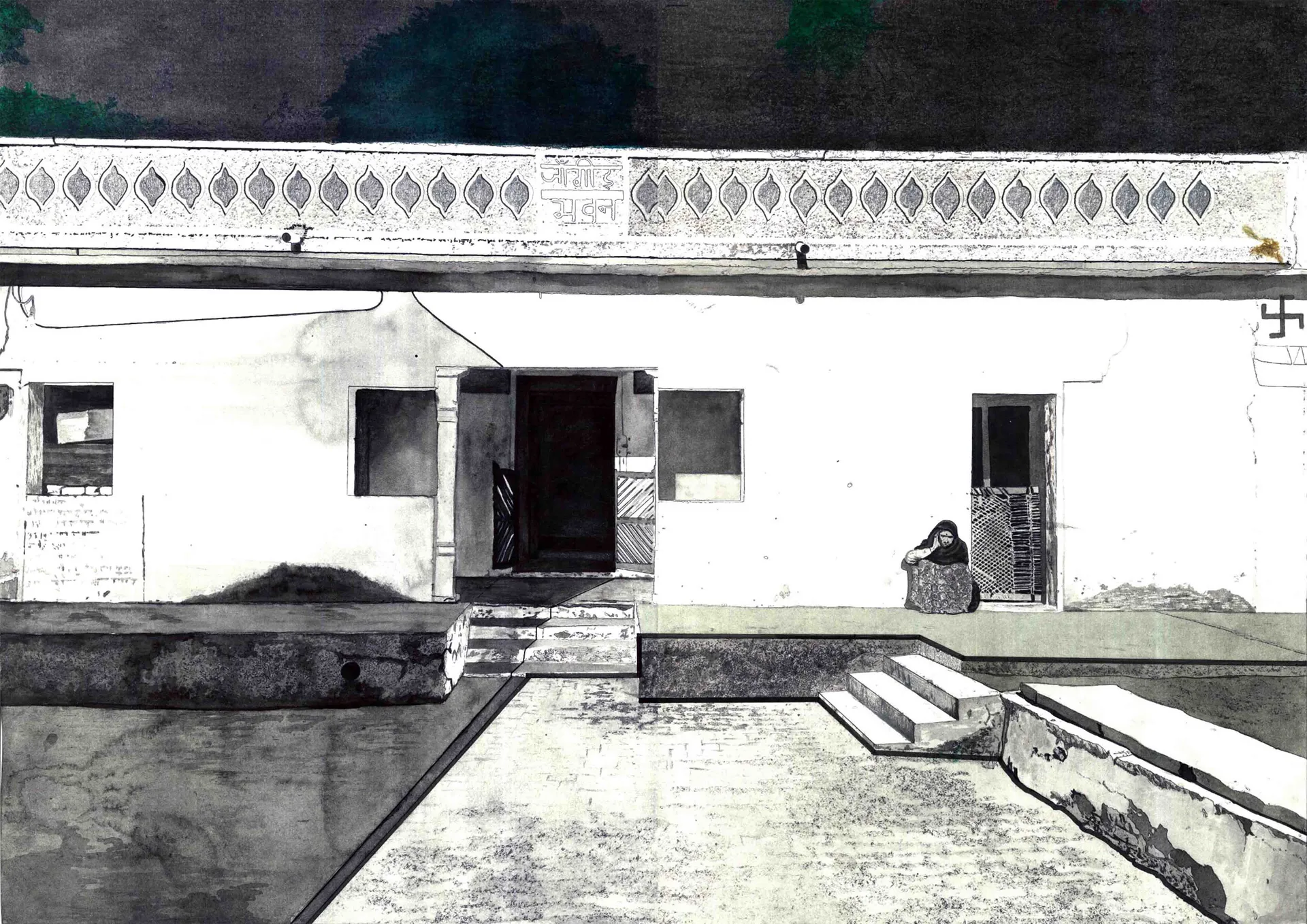 Territories of three: echoes in the landscape III, 3 by Kapil Jangid - Collage, digital print, ink, gouache color and graphite on paper