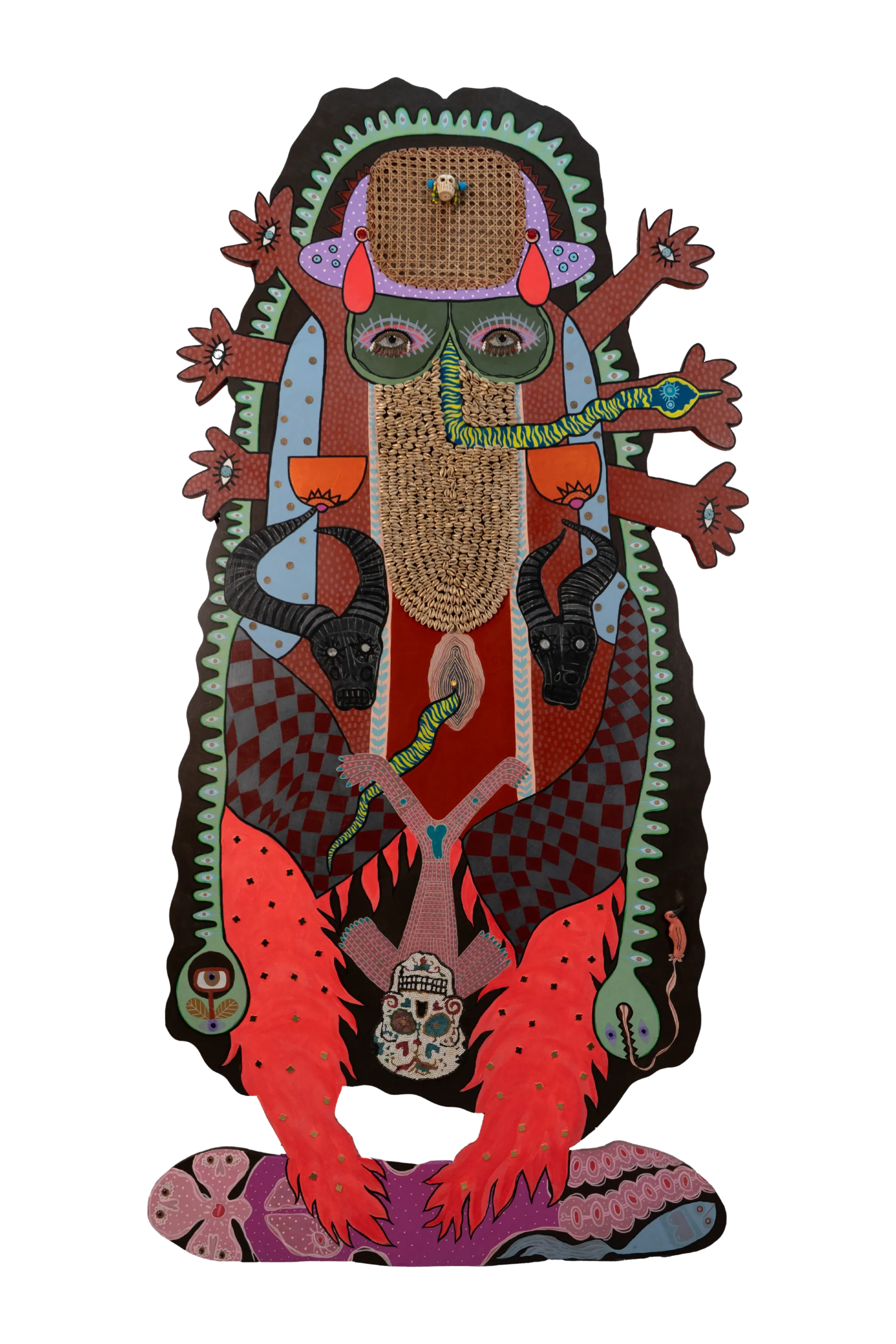 This is not a goddess - that's me by Varnita Sethi - Acrylic, kowri shells, embroidery patch, mirrors, skull bead, beads, coral and bamboo weaving on board