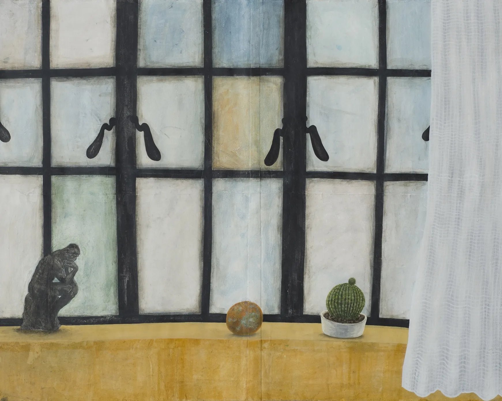 For the urgency of thinking (Still life with a showpiece of ‘The Thinker’, a cactus, a rotten orange, and a curtain) by Aryama Pal - Image transferred using acrylic gloss medium, charcoal, and acrylic colour on Nepalese paper pasted on buff cartridge paper