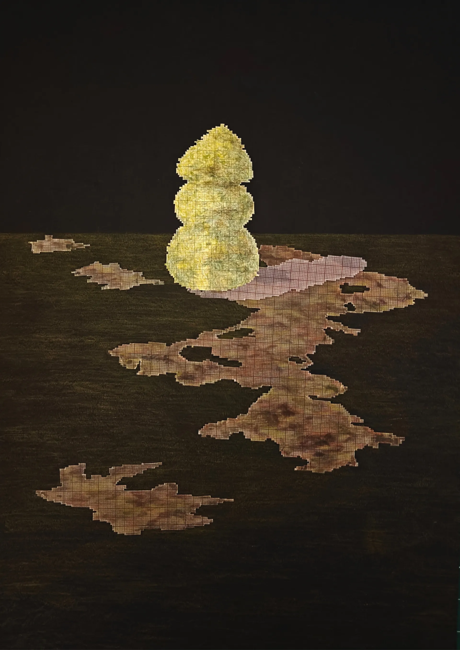 What remains? by Bhavana Parakh - Graph paper, gateway sheet print, and colored pencil on paper