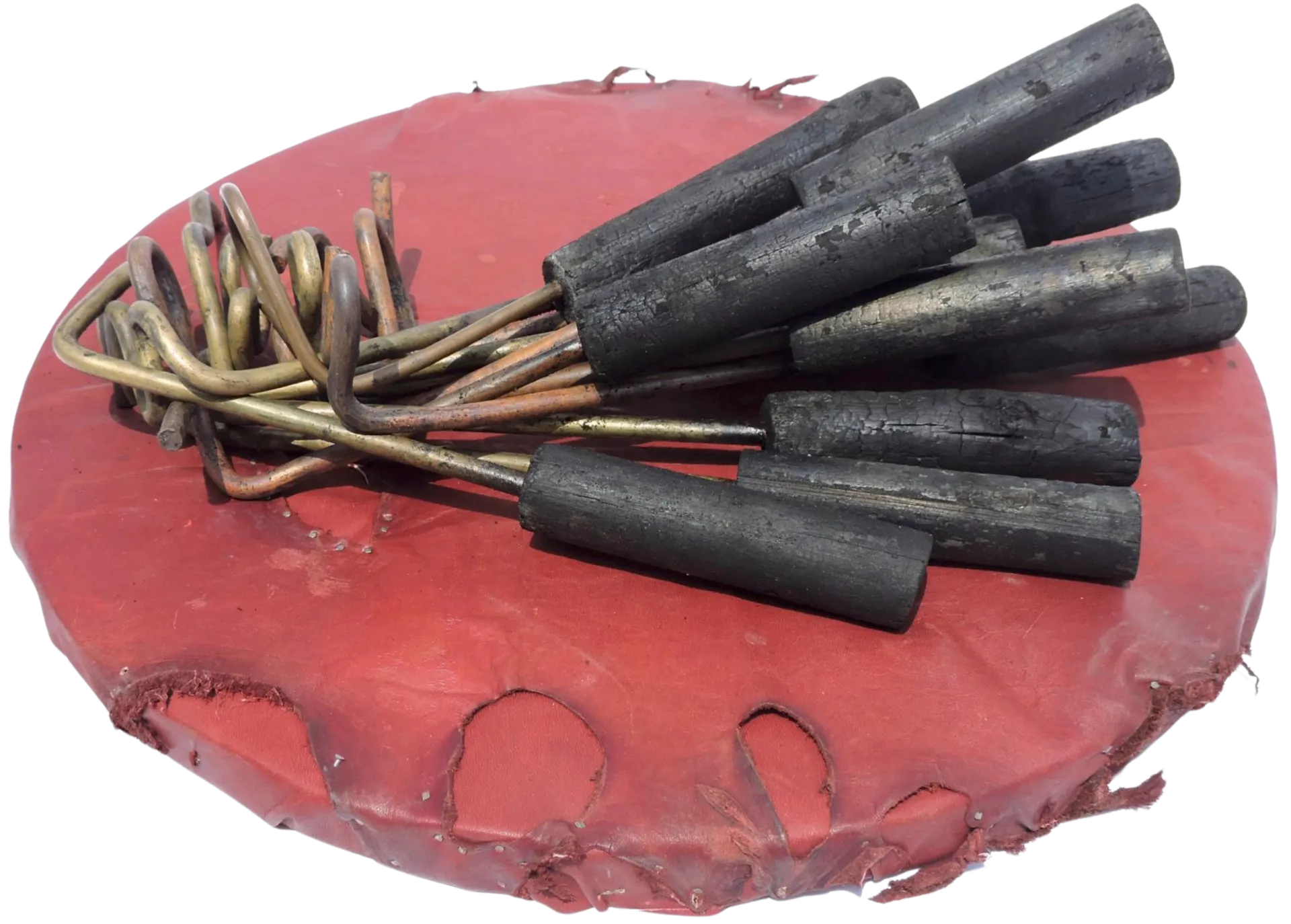 Never being said B by Mithun Das - Wood, iron nail, leather, brass, copper, and burnt wood