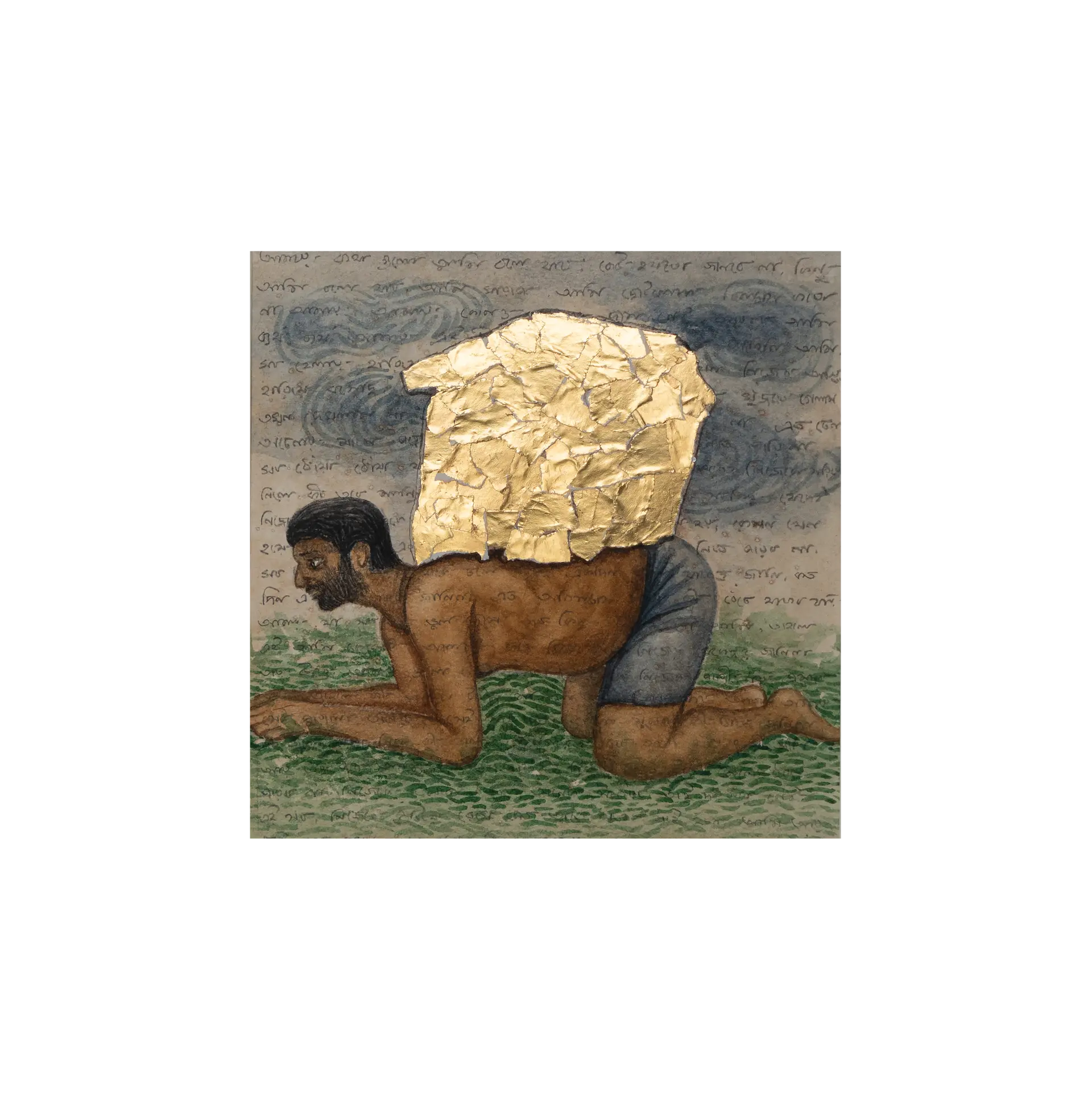 Dwelling within gilded burden by Suvendu Bhandari - Graphite, watercolor, tea stain, golden foil