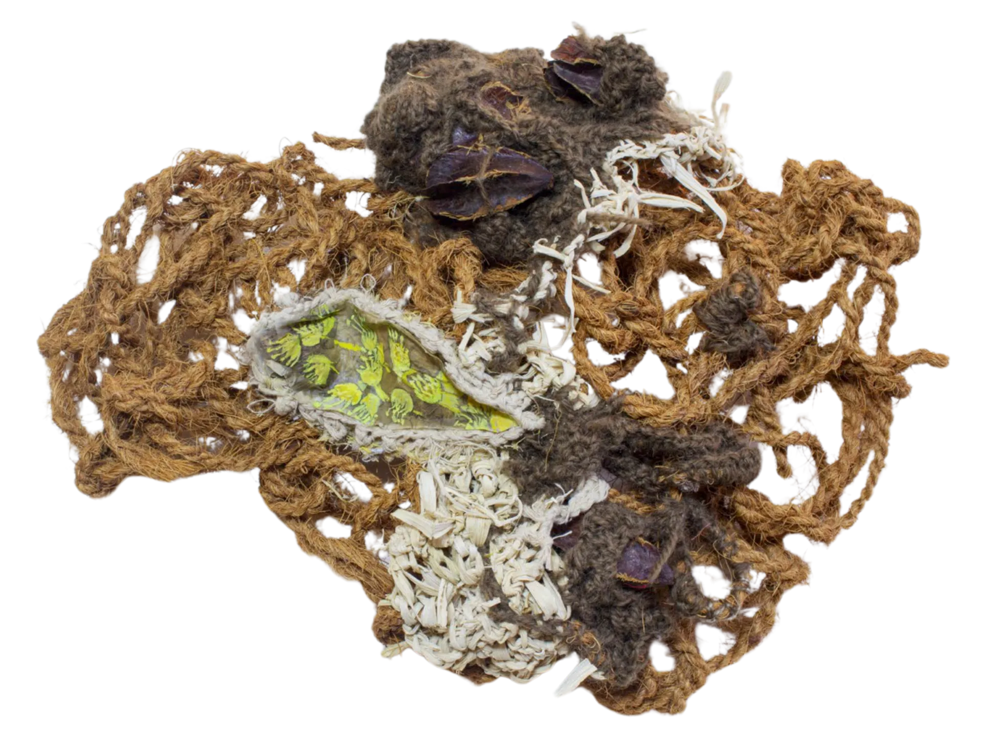 Assemblage I by Jayita Barai - Cotton thread, corn husk, coir rope, Arjun tree seedpods, gouache colour on tea bag paper, woollen thread