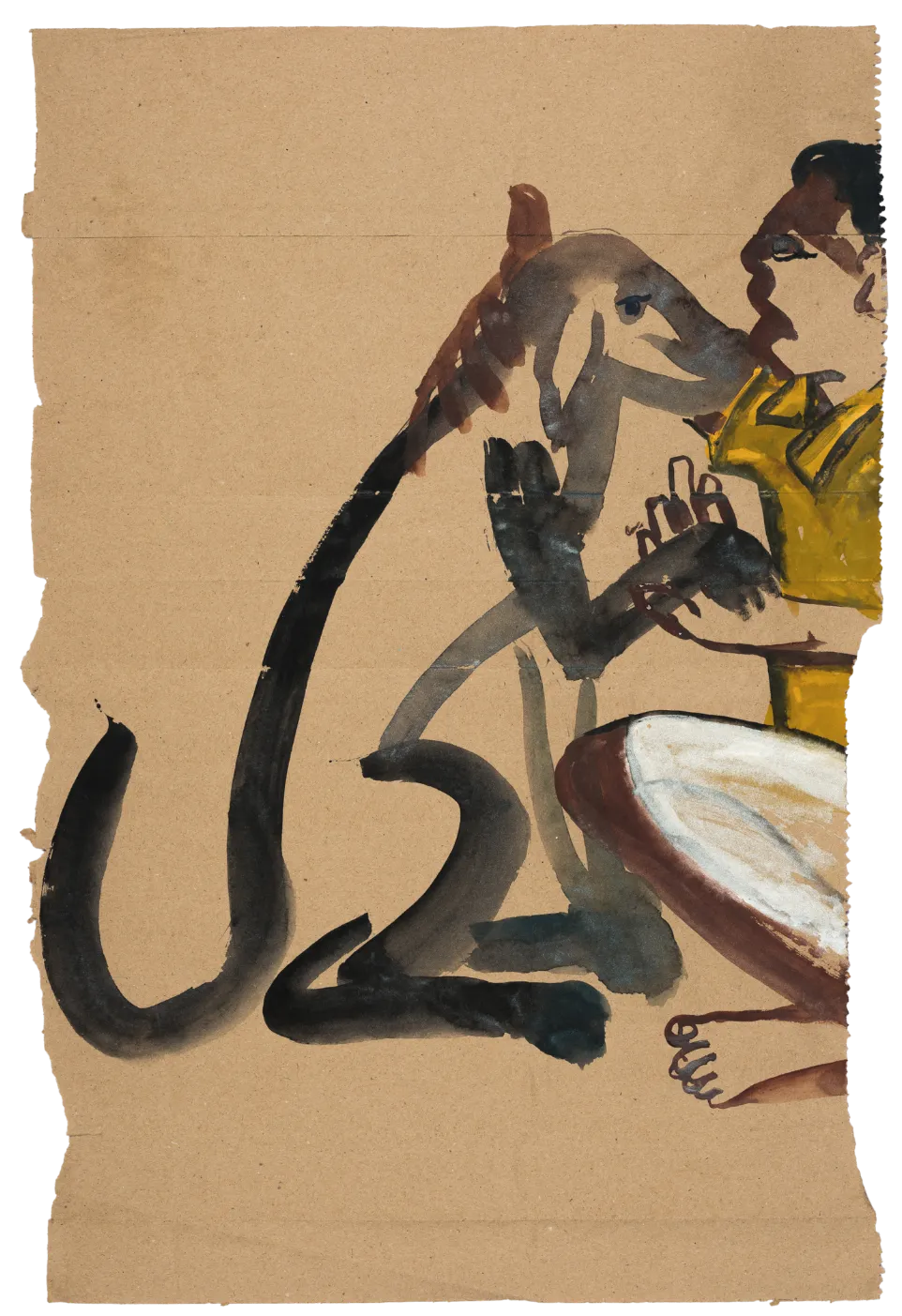 A man with dog by G. Mahesha - Watercolor on brown paper