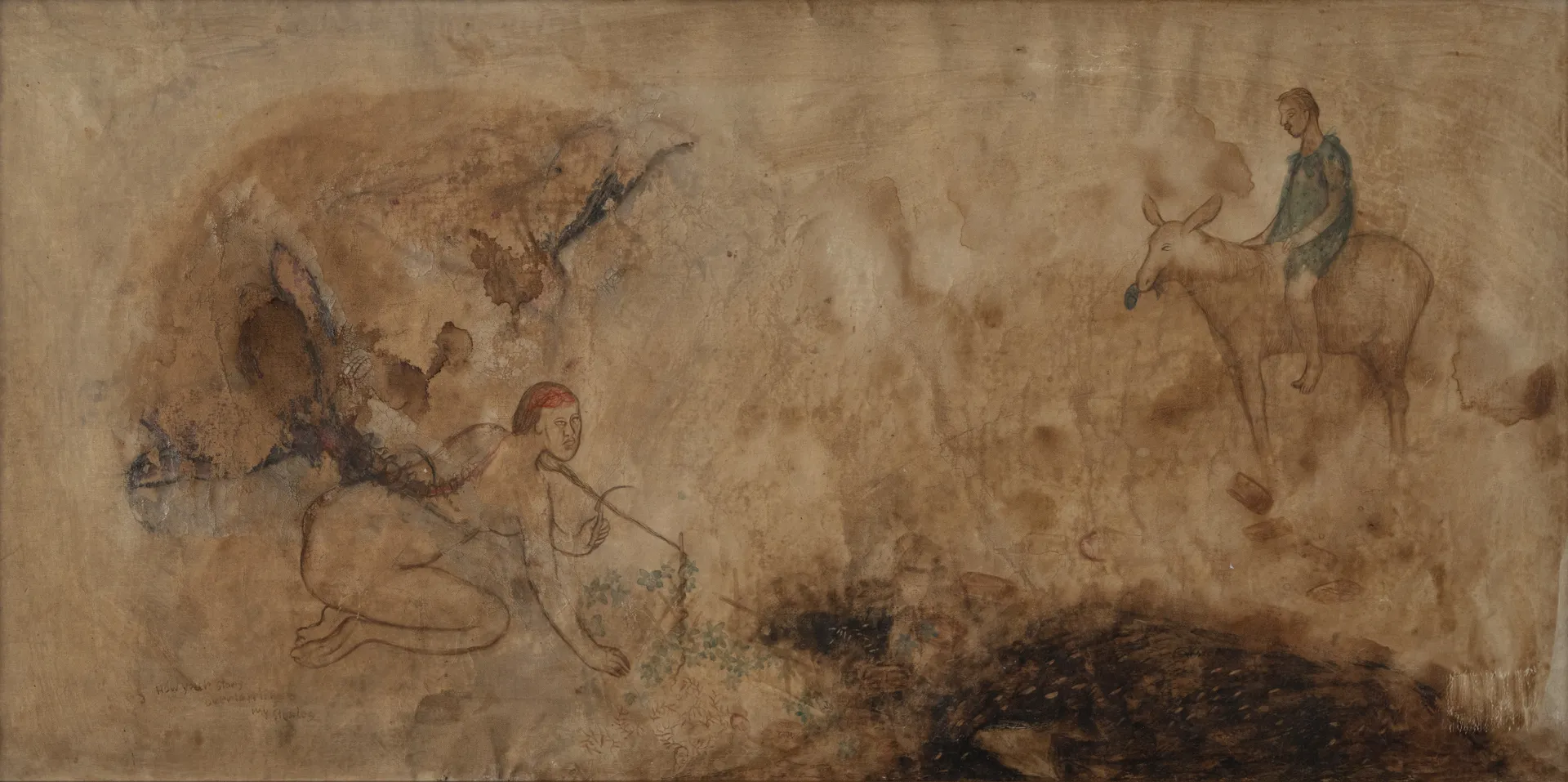They both are waiting by Oliva Saha - Natural colour, gouache colour, charcoal, khariya, alta dye on processed surface (patta cloth scroll)