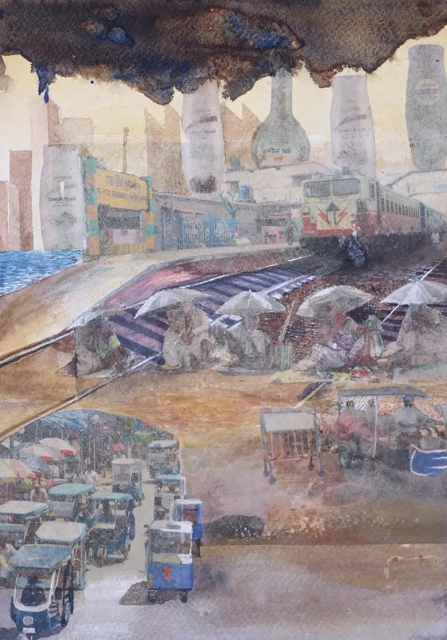 Poisonous sky by Bikramjit Paul - Poster color, watercolor, newspaper, charcoal, Fevicol, pencil, and gloss medium