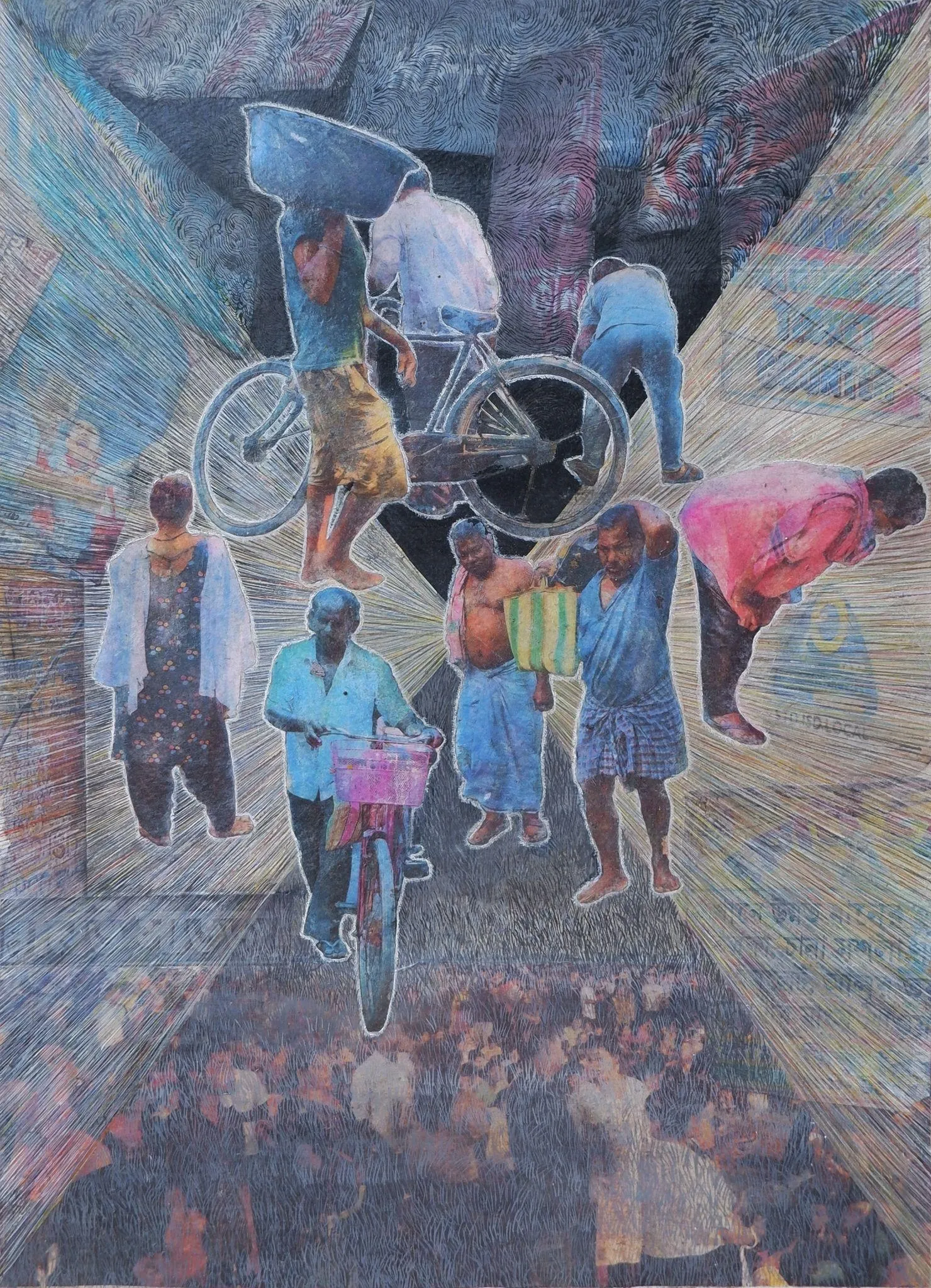 The market time by Bikramjit Paul - Poster color, watercolor, newspaper, charcoal, Fevicol, pencil, and gloss medium