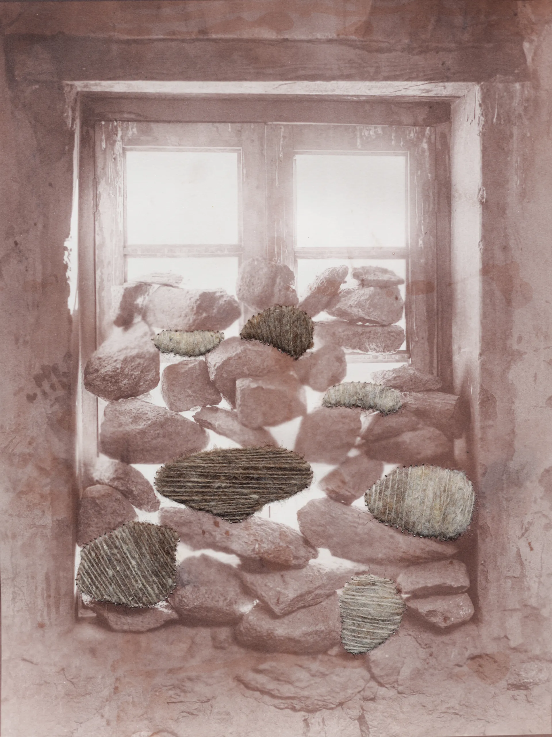 Inside the Classroom by Ayan Biswas - Gold chloride toned salt paper print on 300 gsm Arches Aquarelle hot-pressed paper. Embroidery done with hand-spun sheep wool mixed with sheep and yak hair.