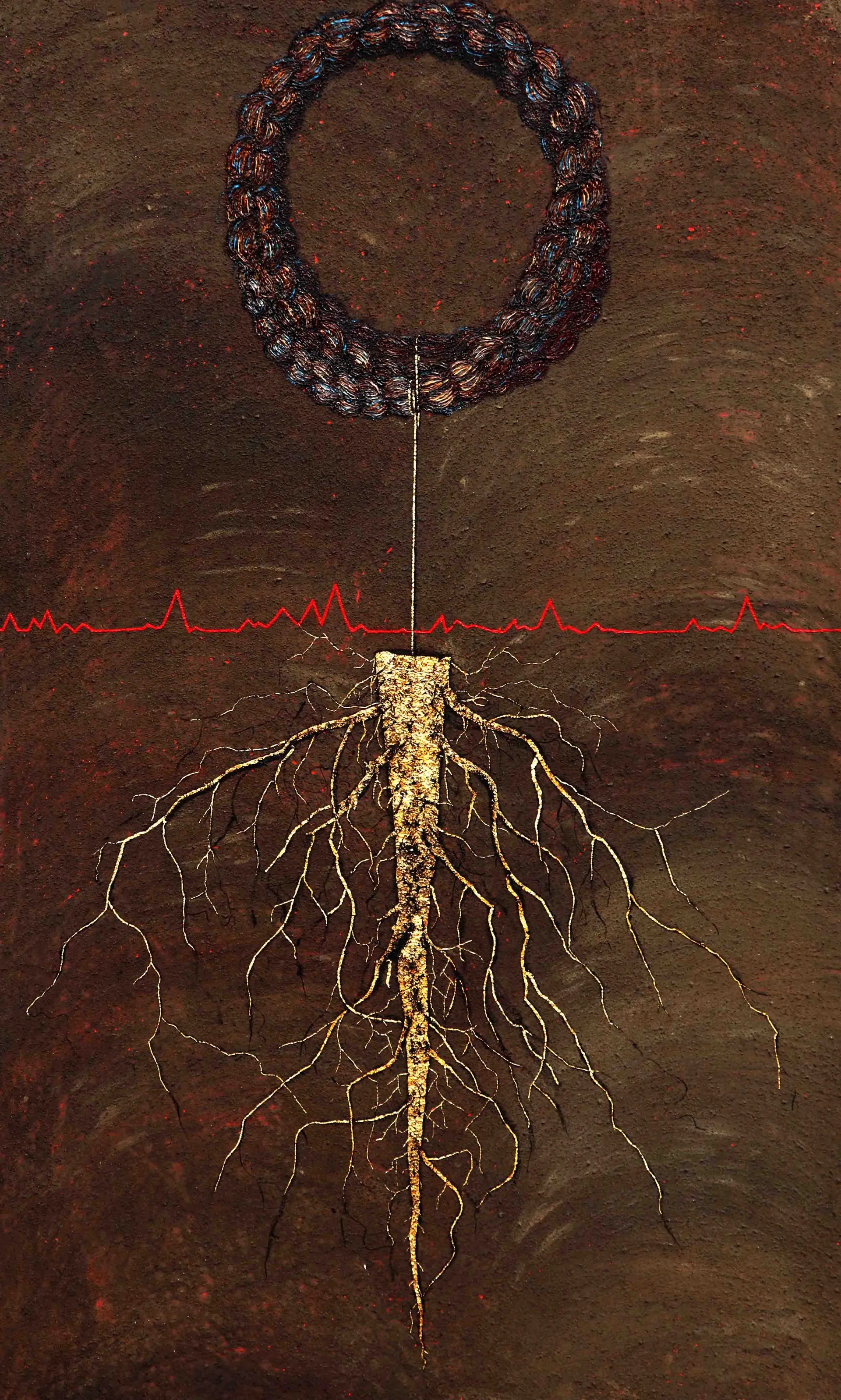 Root by Sangita Datta - Sand, soil, ash, gold leaf, and oil on canvas