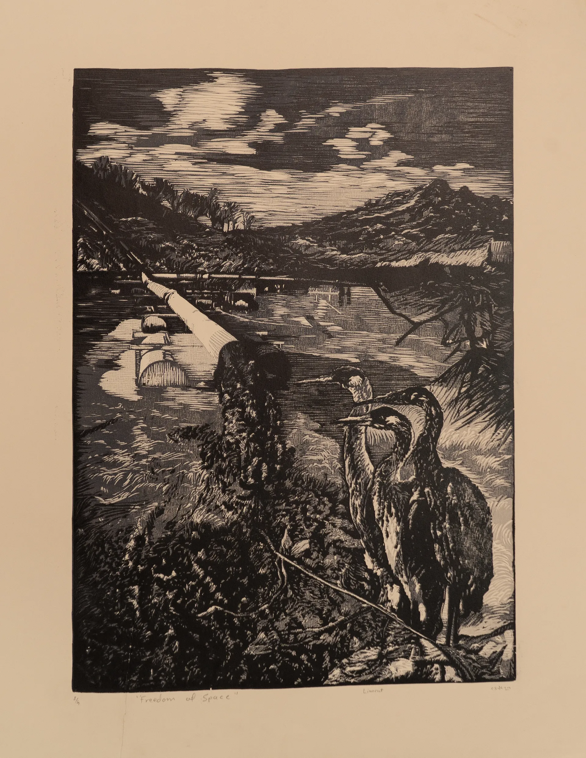 Freedom of space by Akbar Ali Sunasara - Linocut print