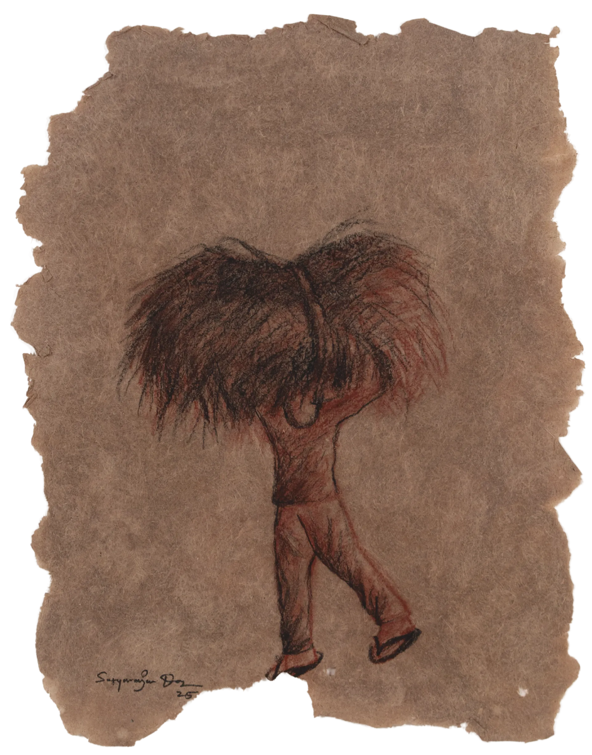 Survivor, 9 by Satyaranjan Das - Charcoal, watercolour, jute thread, paddy on handmade rice paper