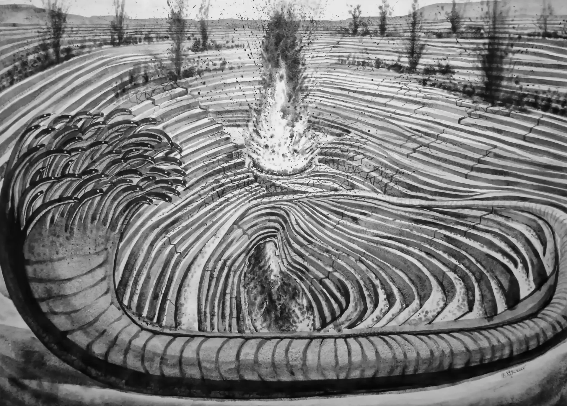 The quarry of Kalinga by Prasad KV - Pen and watercolor on Fabriano Artistico paper
