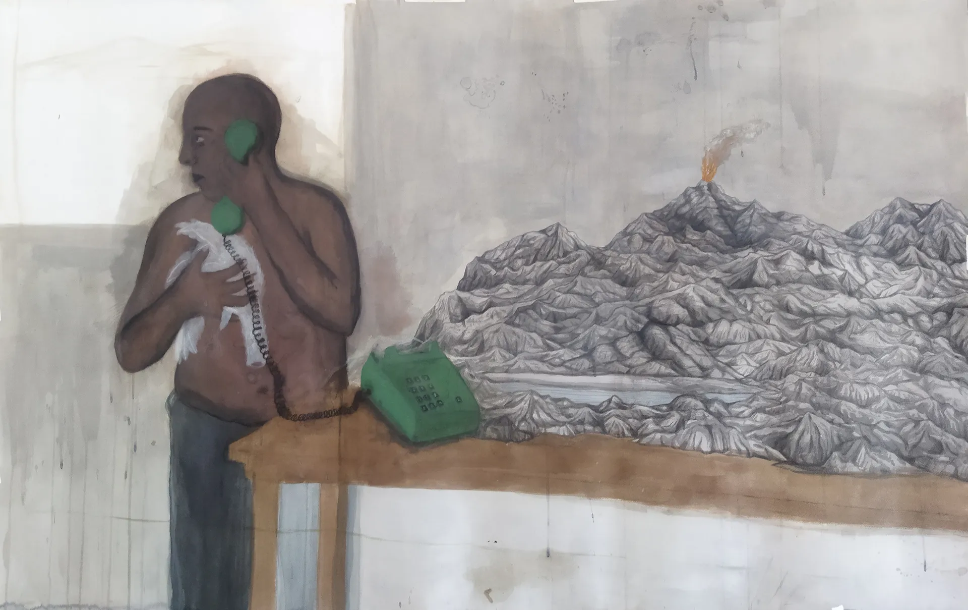 The first time he called someone was a stranger to tell that his pet bird was dead  by Aryama Pal - Acrylic on paper