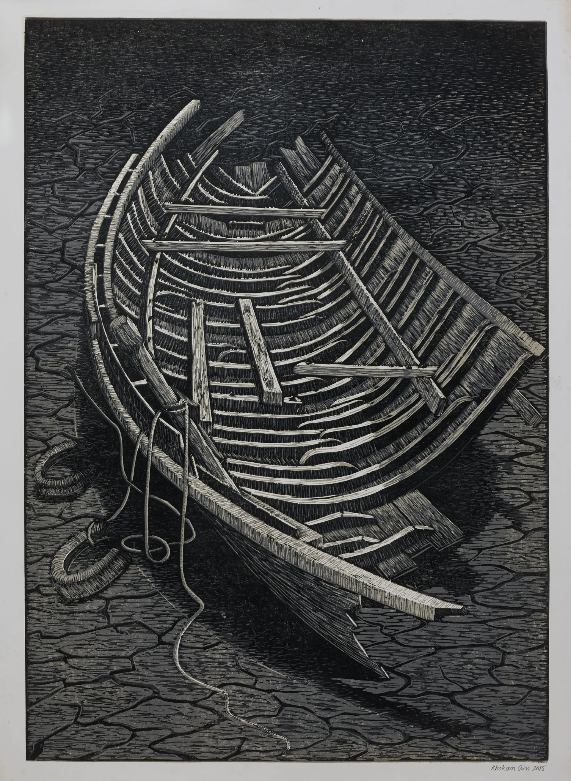 The old one by Khokan Giri - Linocut