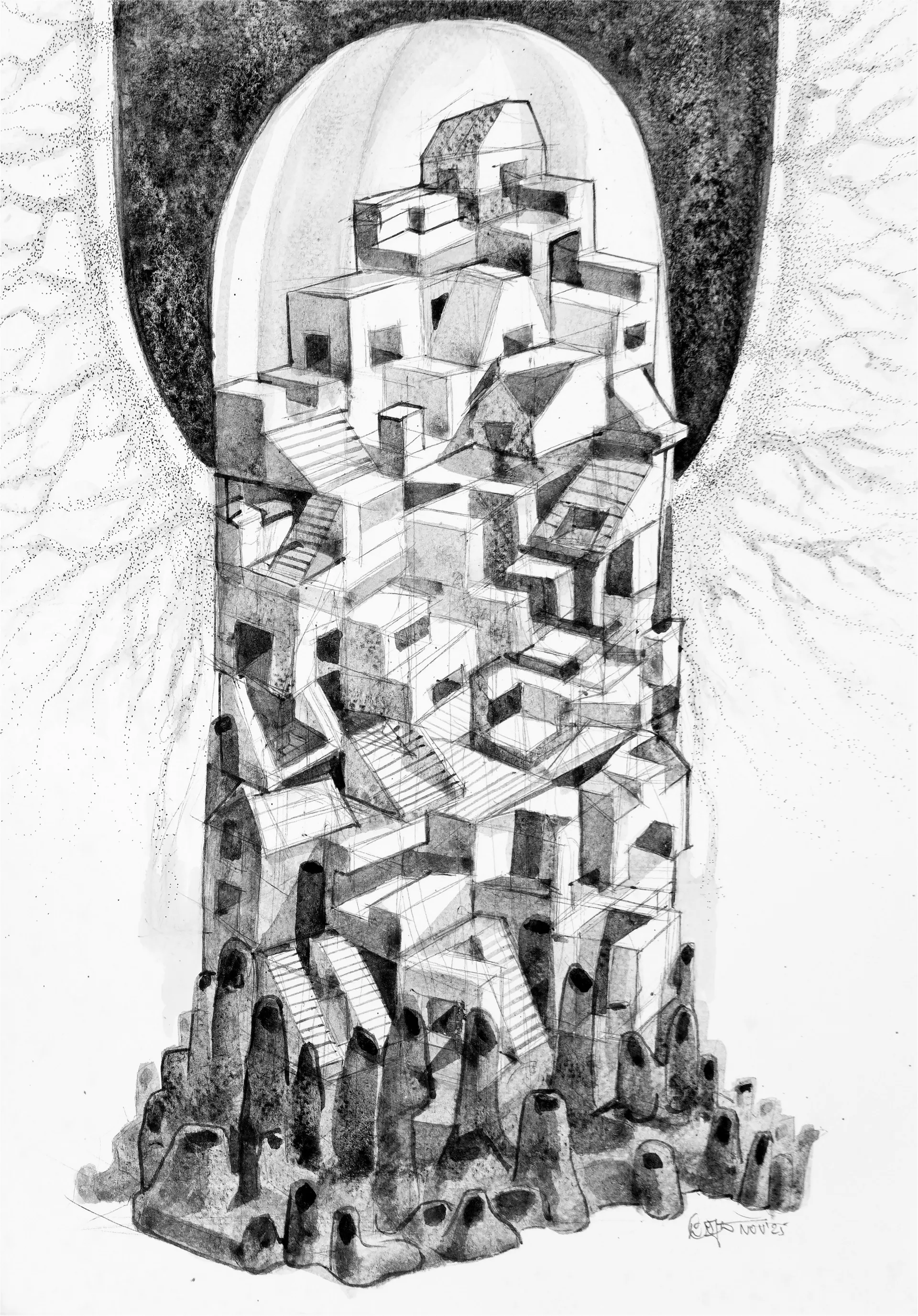 Ziggurat of urban by Prasad KV - Ballpoint pen and watercolor on archival paper