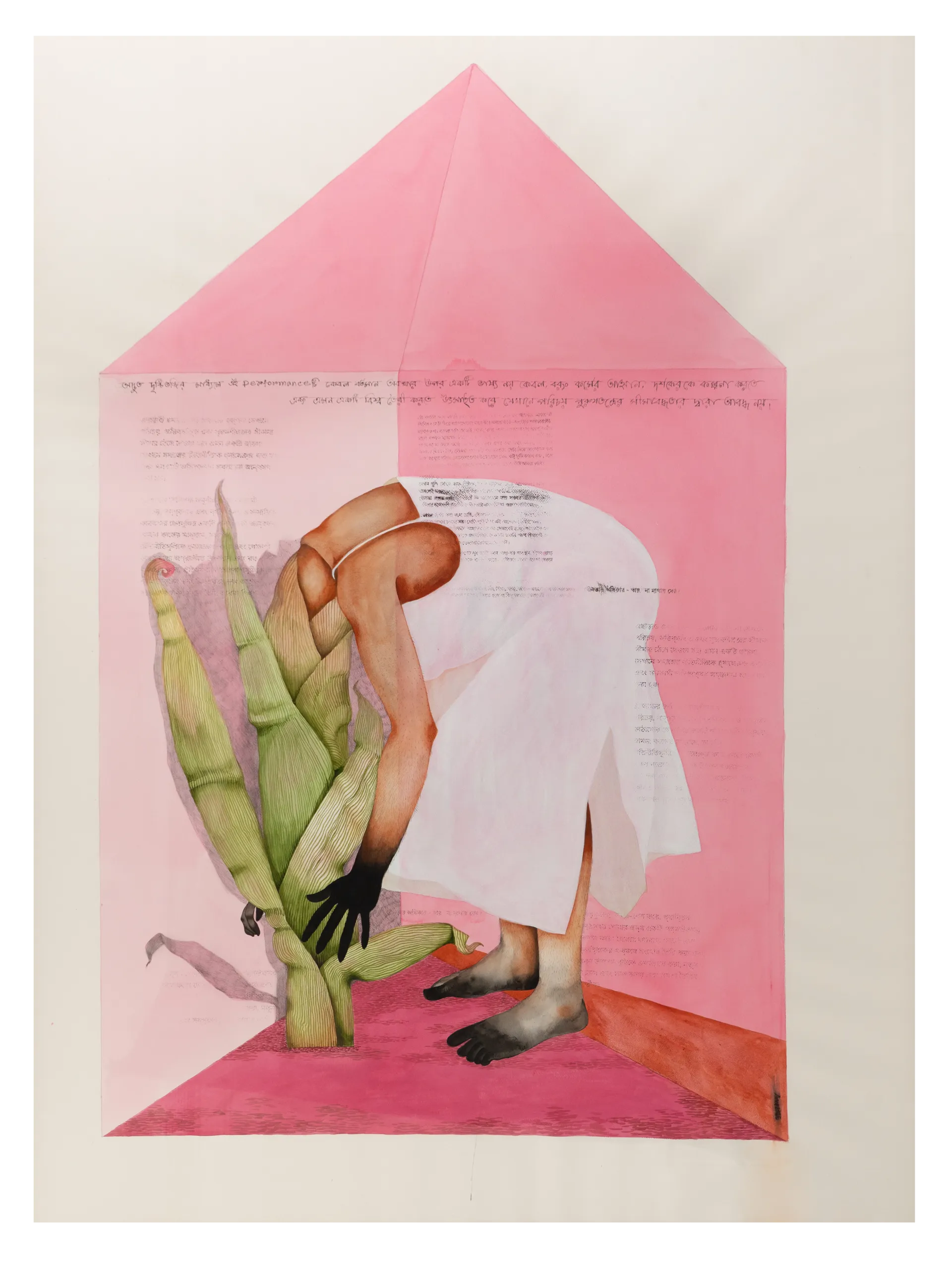 Pink house by Anup Let - Acrylic, pen & ink on Arches paper