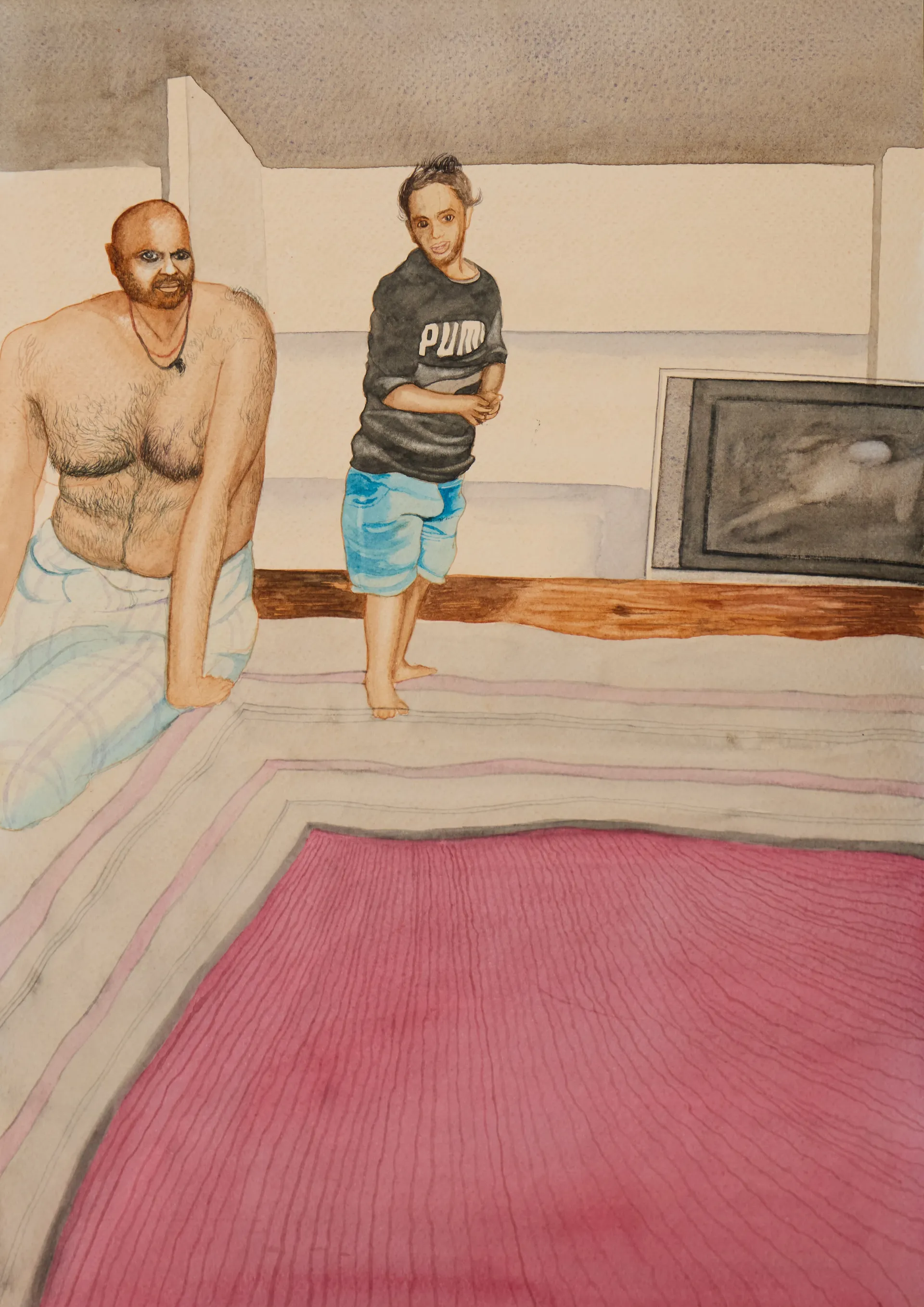 का देखइत हव? (What are you looking at?) by Shiv Shankar - Watercolor on paper