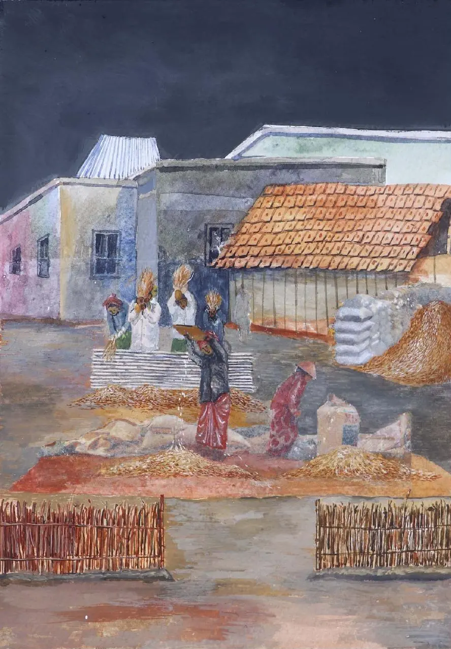 The farmer, 4 by Bikramjit Paul - Poster color, watercolor, newspaper, charcoal, Fevicol, pencil, and gloss medium