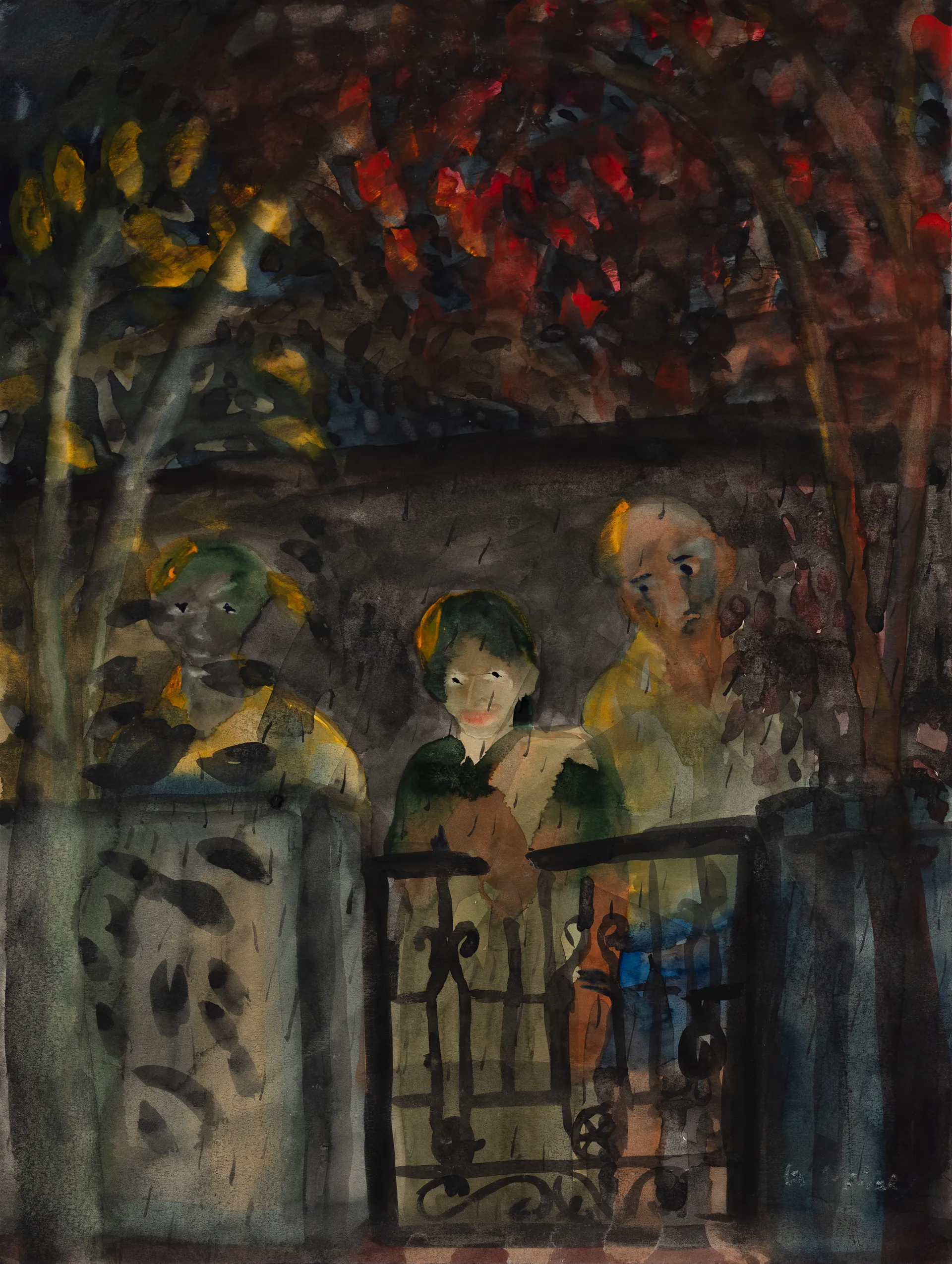 Parents with brother by G. Mahesha - Watercolor on paper