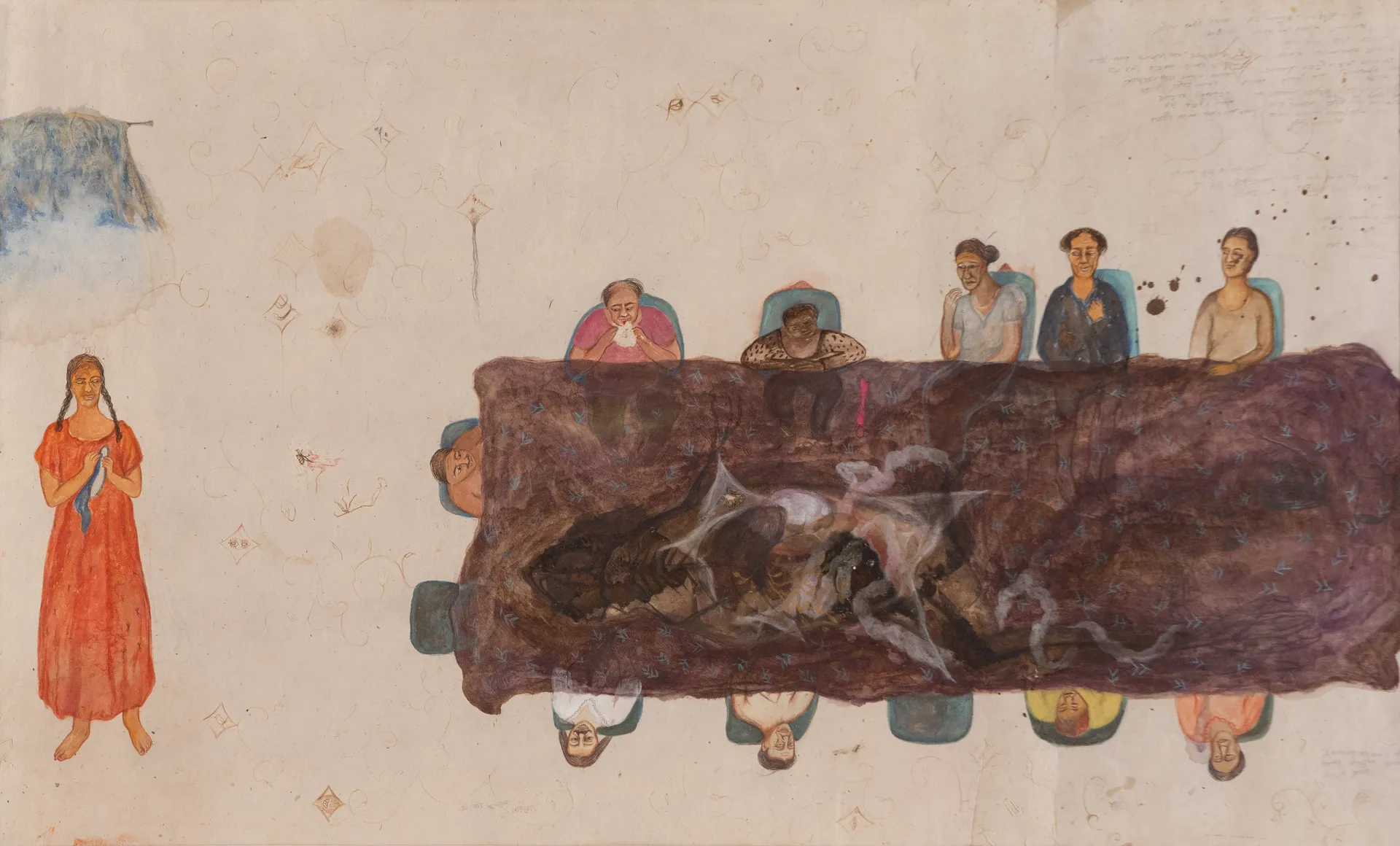 They are waiting for delicious food at the dinner table by Oliva Saha - Natural colour, gouache colour, tea stain on rice paper pasted on patta cloth surface