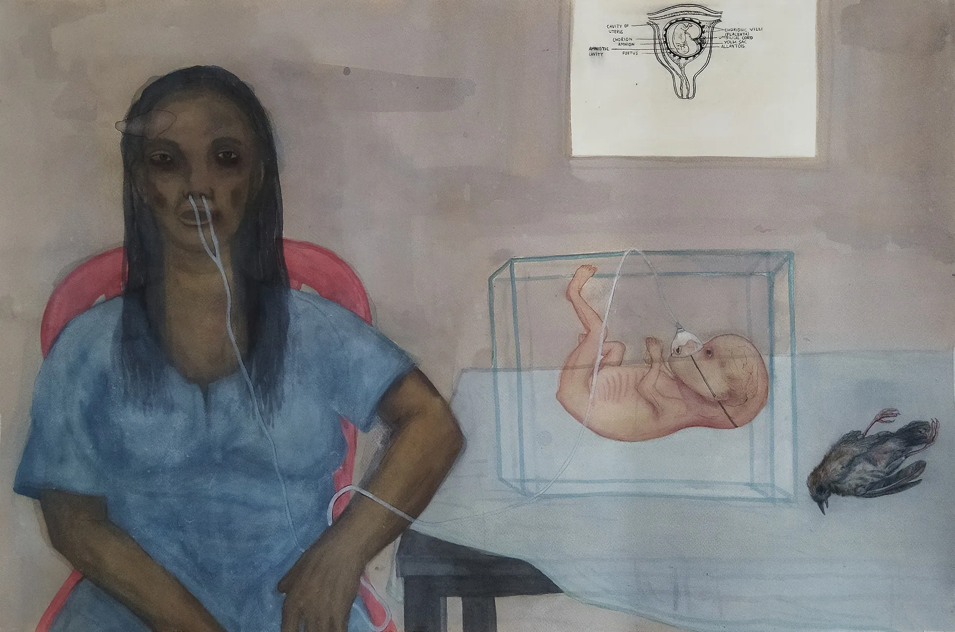 My mother while giving birth to me in my afterlife  by Aryama Pal - Acrylic on paper