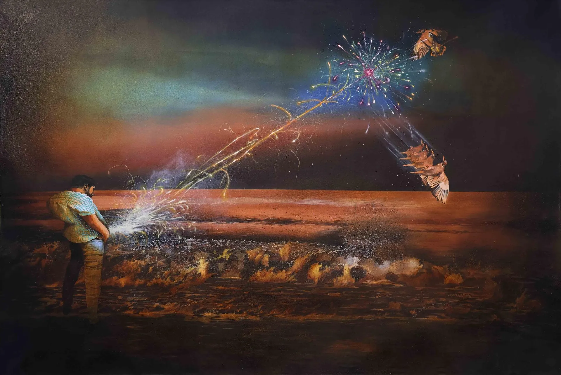 आग मूतना (Aag moothna) by Shiv Shankar - Oil on canvas