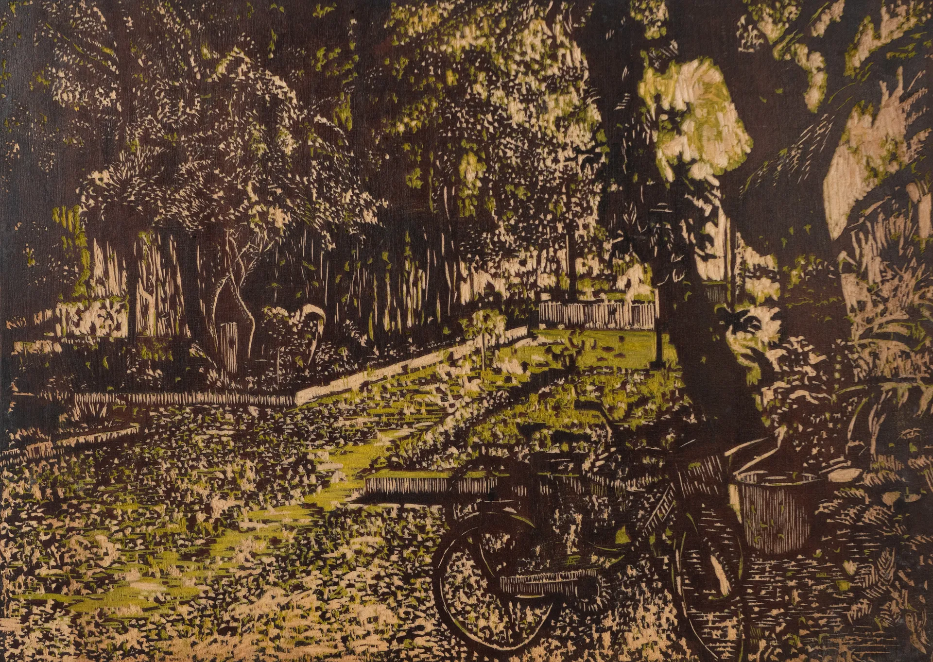 Pattzad landscape by Akbar Ali Sunasara - Woodcut block