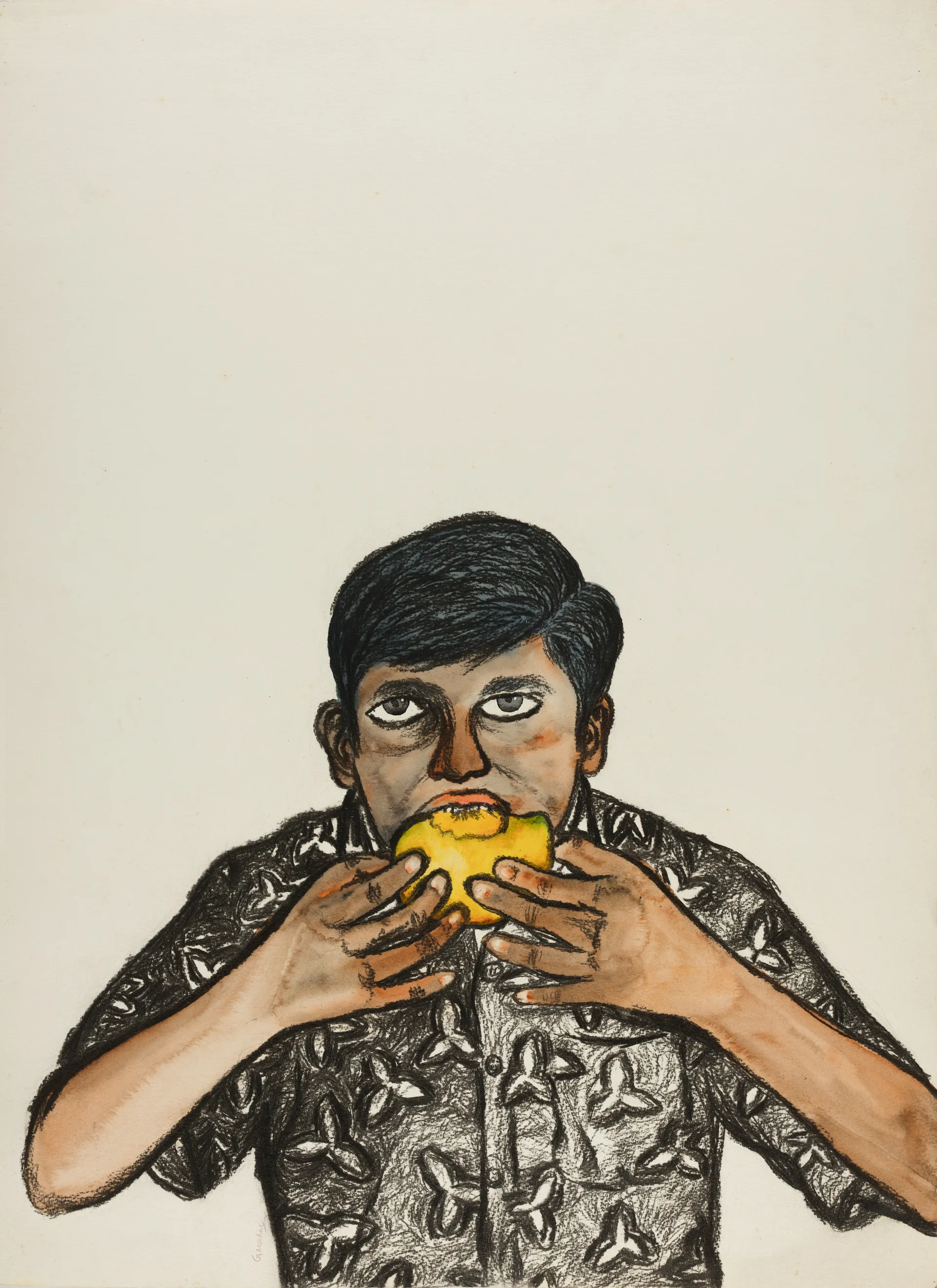 A boy eating mango by G. Mahesha - Charcoal and watercolor on paper