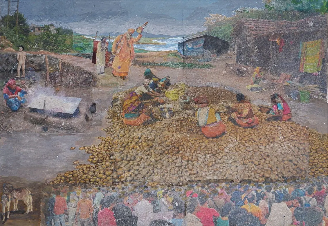 The farmer, 3 by Bikramjit Paul - Poster color, watercolor, newspaper, charcoal, Fevicol, pencil, and gloss medium