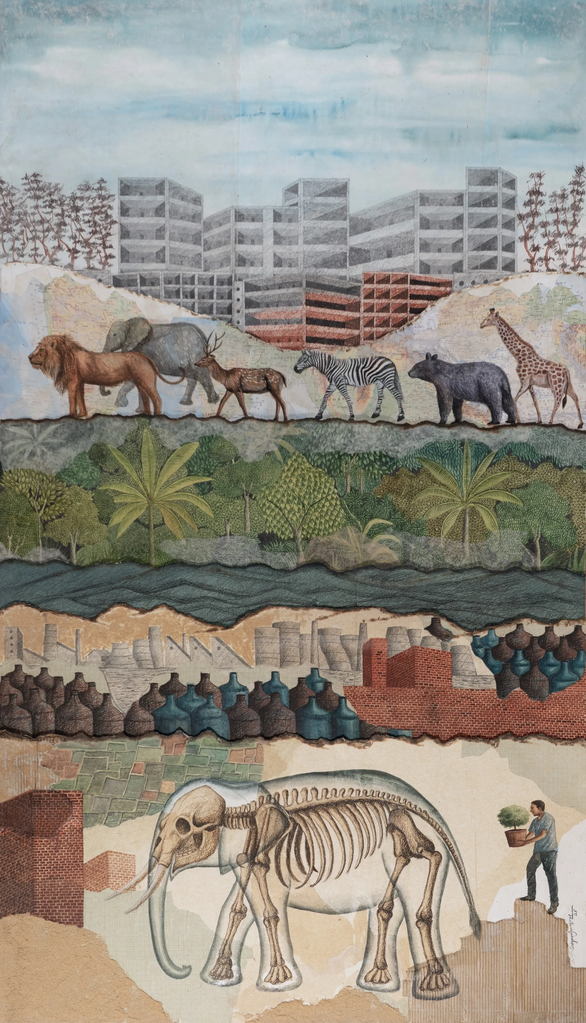 The museum visit by Satyaranjan Das - Watercolour, graphite, clay, charcoal, ink on Canson and board