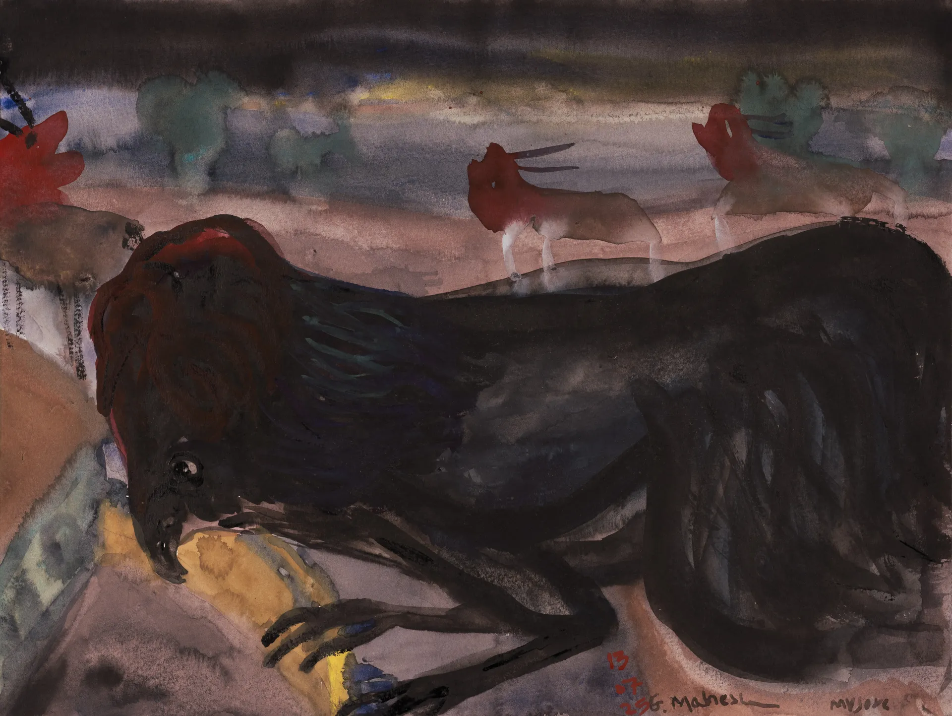 The black cock by G. Mahesha - Watercolor on paper