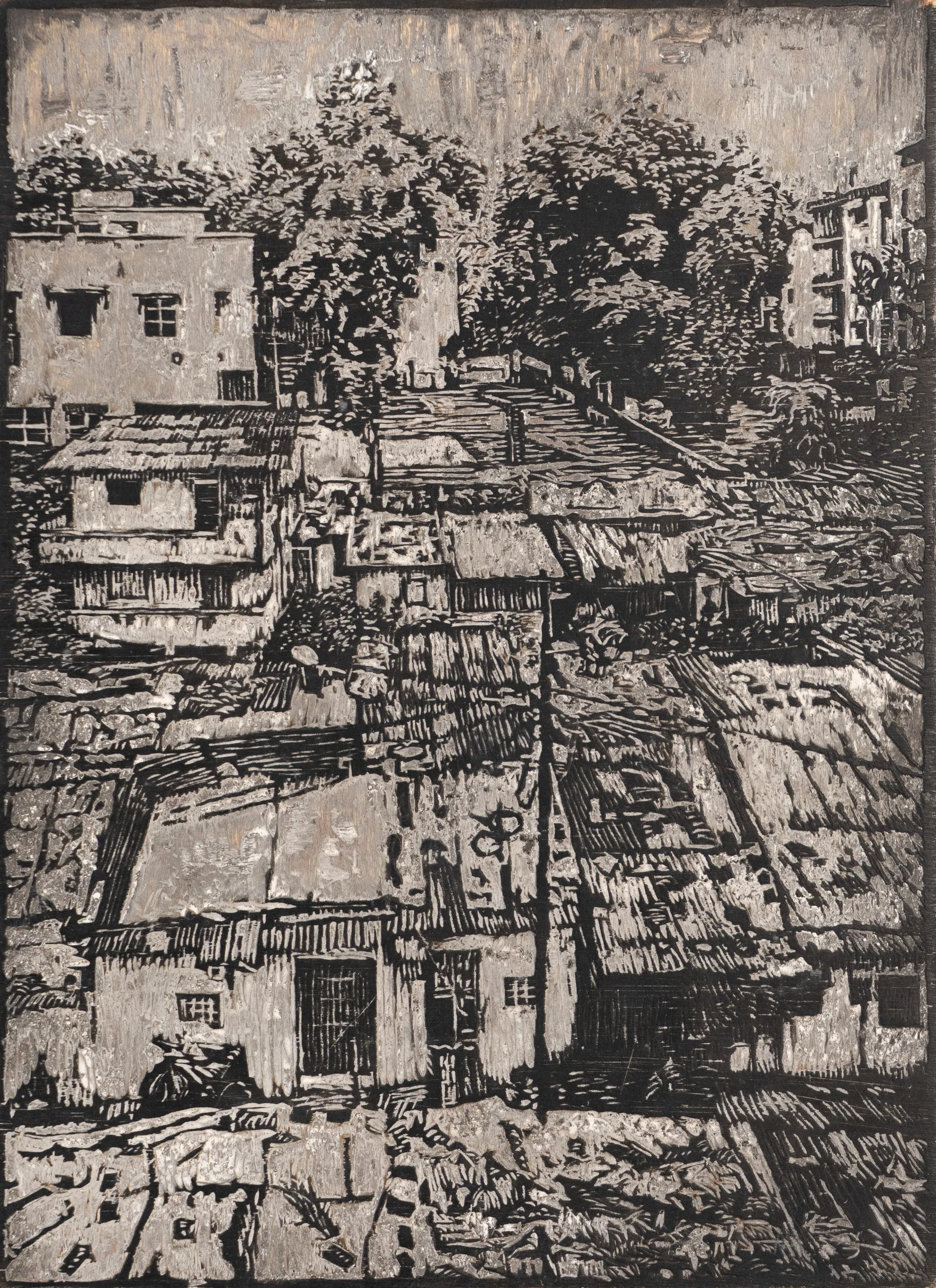 Slum block by Akbar Ali Sunasara - Woodcut block