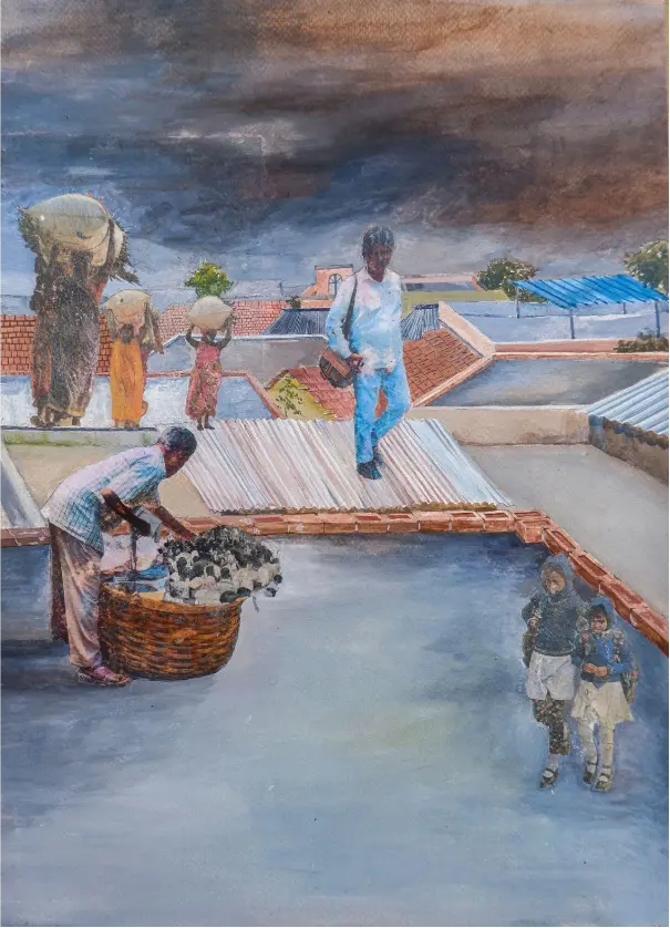 The vendor 1 by Bikramjit Paul - Poster color, watercolor, newspaper, charcoal, Fevicol, pencil, and gloss medium