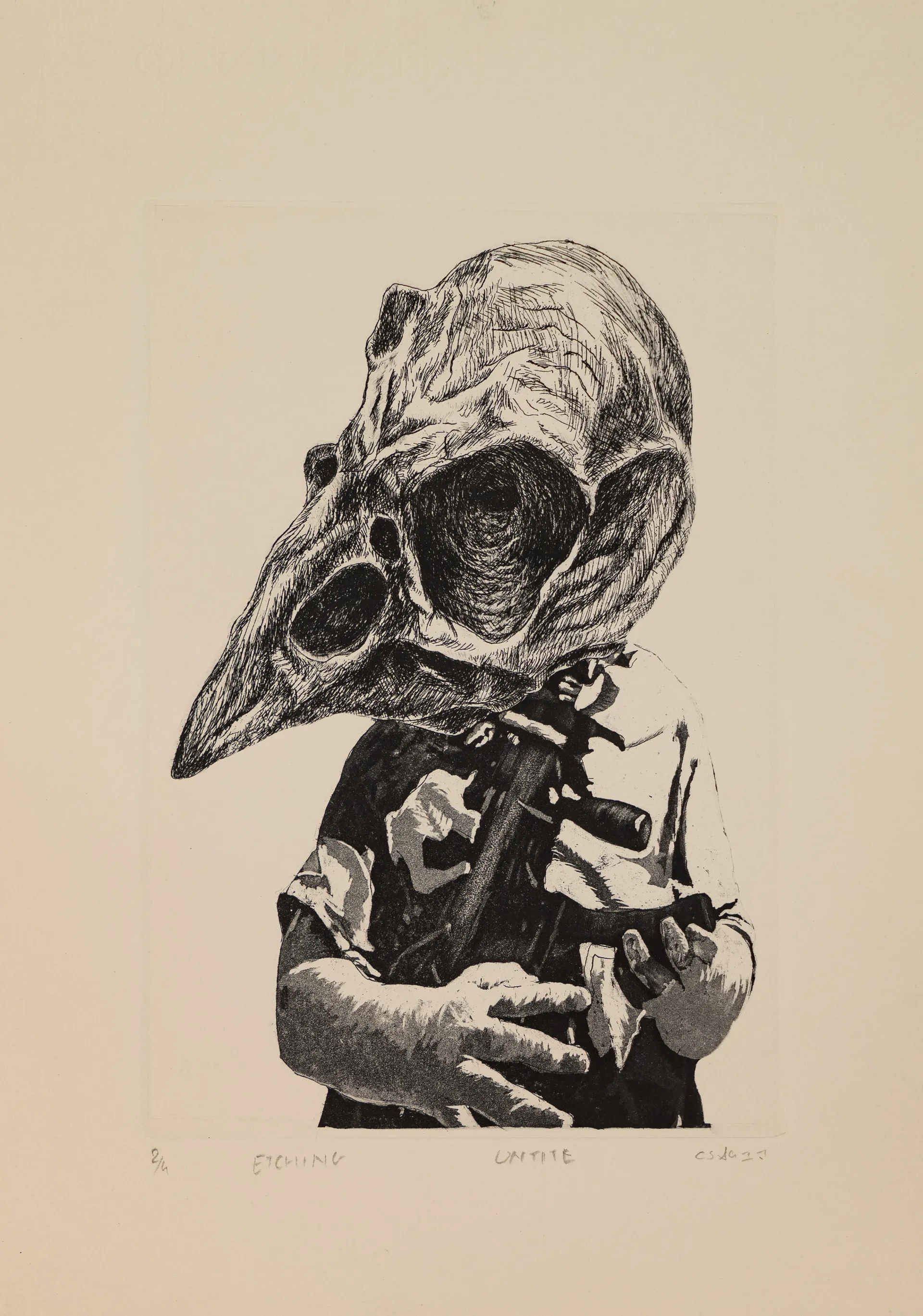 Boy with gun by Akbar Ali Sunasara - Etching