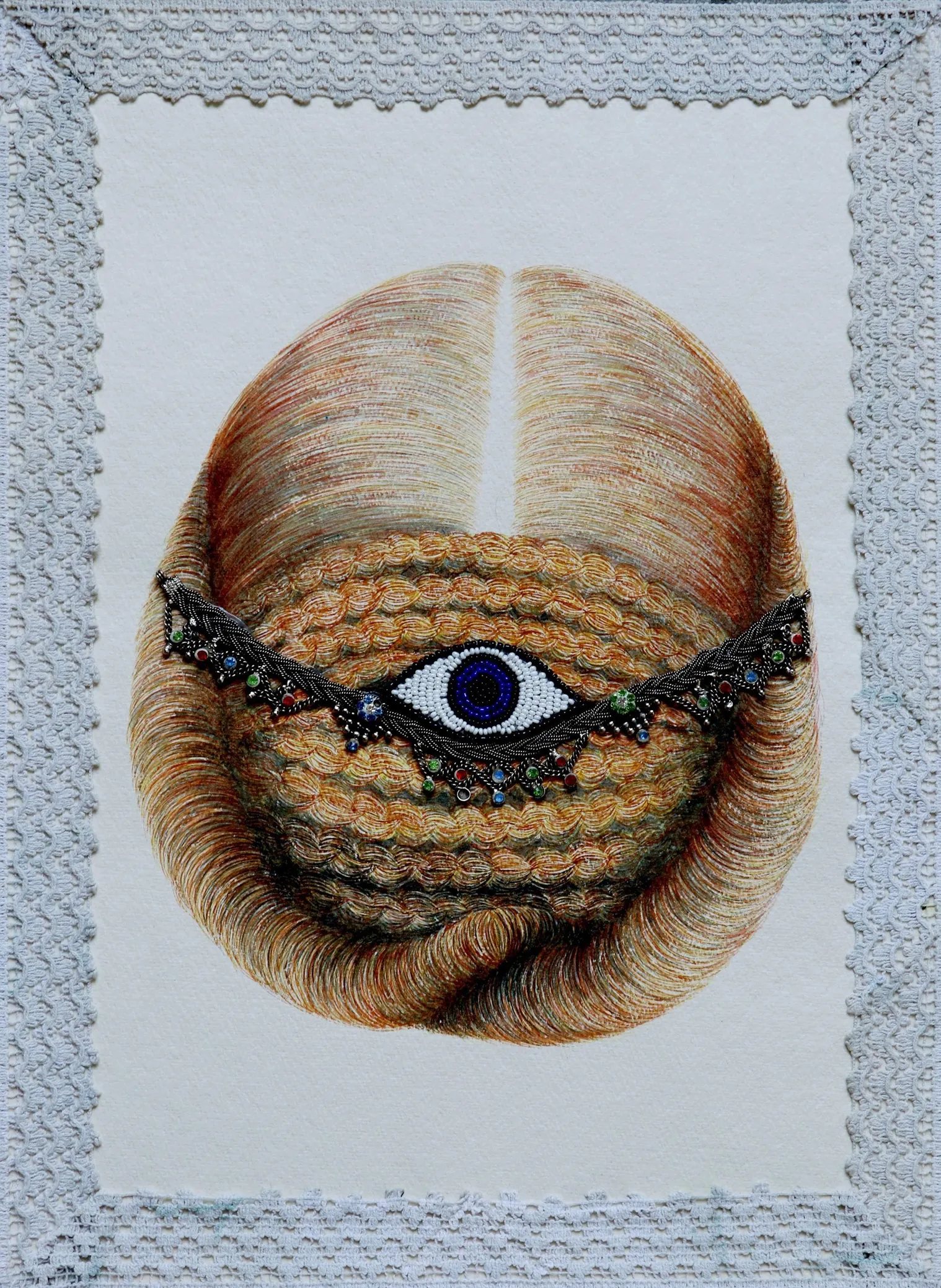 Monitoring by Sangita Datta - Watercolor, decorative cloth, beads, and metal on acid-free handmade paper