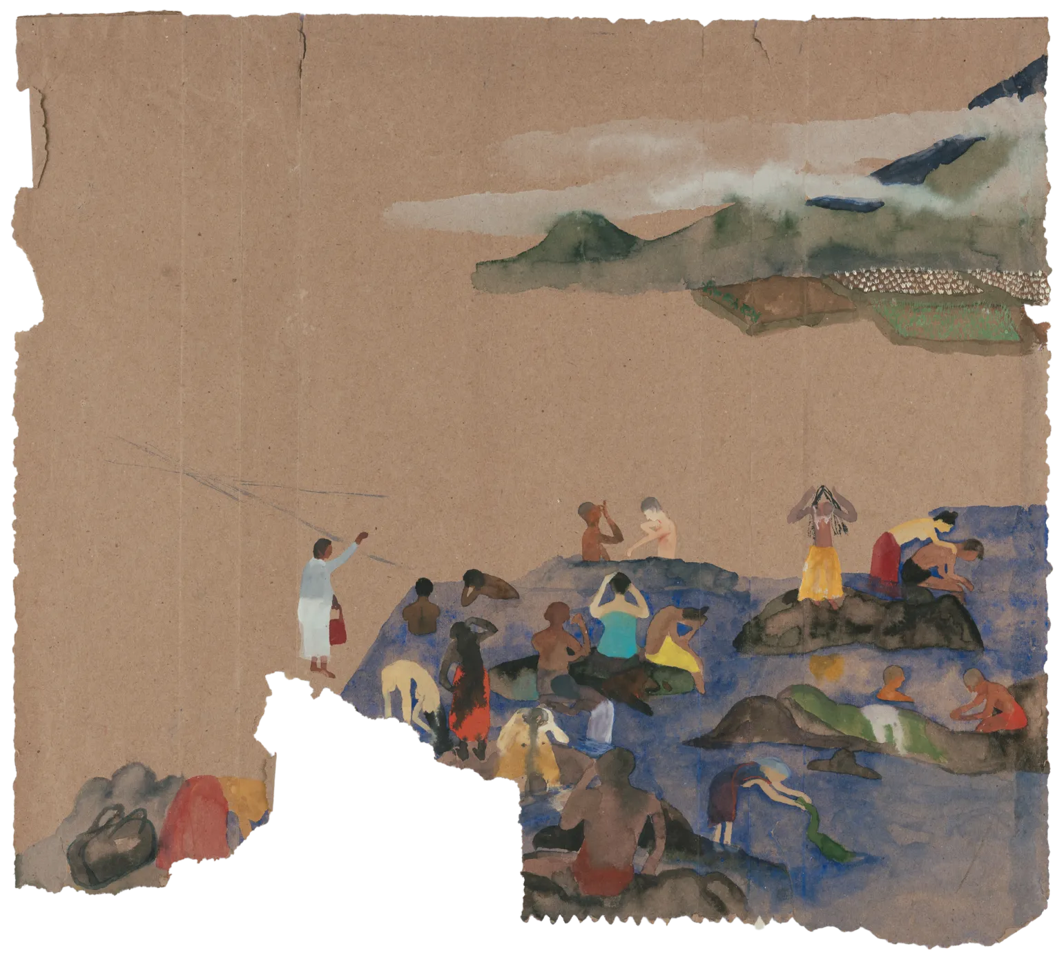 Holy bathers by G. Mahesha - Watercolor on brown paper