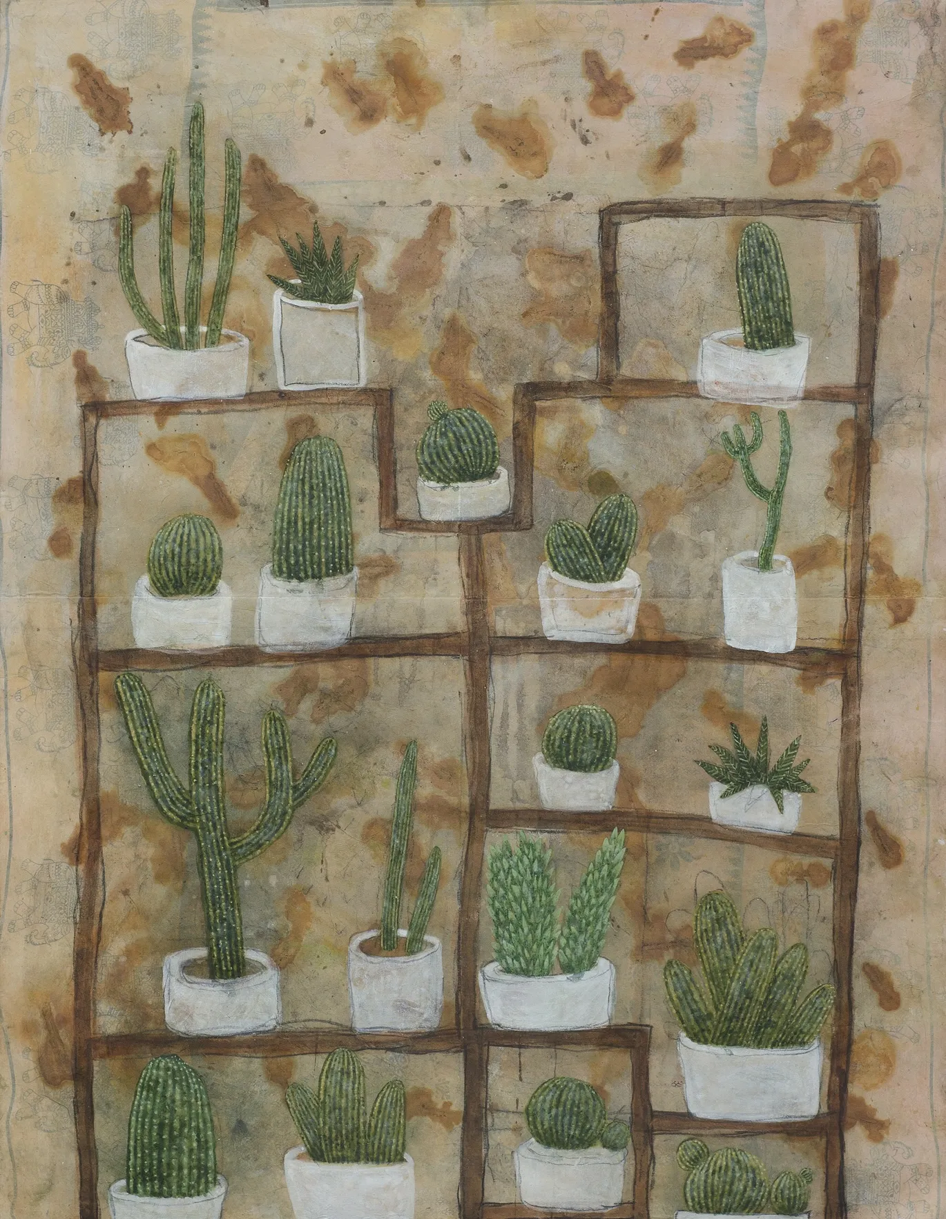 Still life with cactus on my mother’s sari – I by Aryama Pal - Graphite, acrylic colour, rust stains, and synthetic gum on Nepalese paper pasted on my mother’s sari