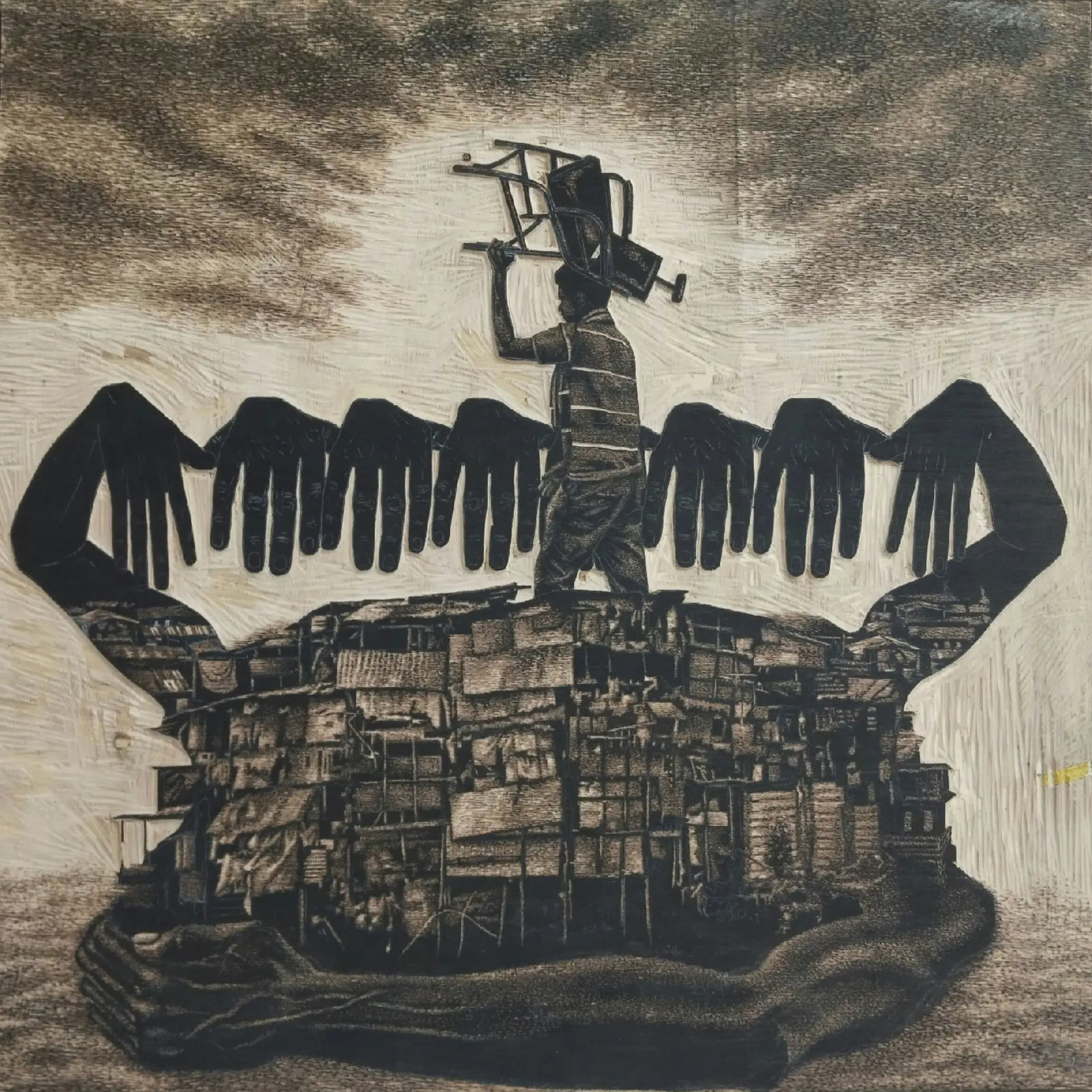 City corner survivor by Tukuna Dakua - Woodblock