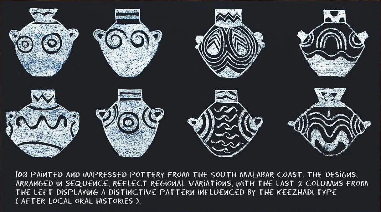 103 painted and impressed pottery by Boris Colin Alphonse - Chalk on blackboard (chalkboard paint, chalk, wooden board); presented as image transfer on prepared MDF (water sealant, primer, gesso)