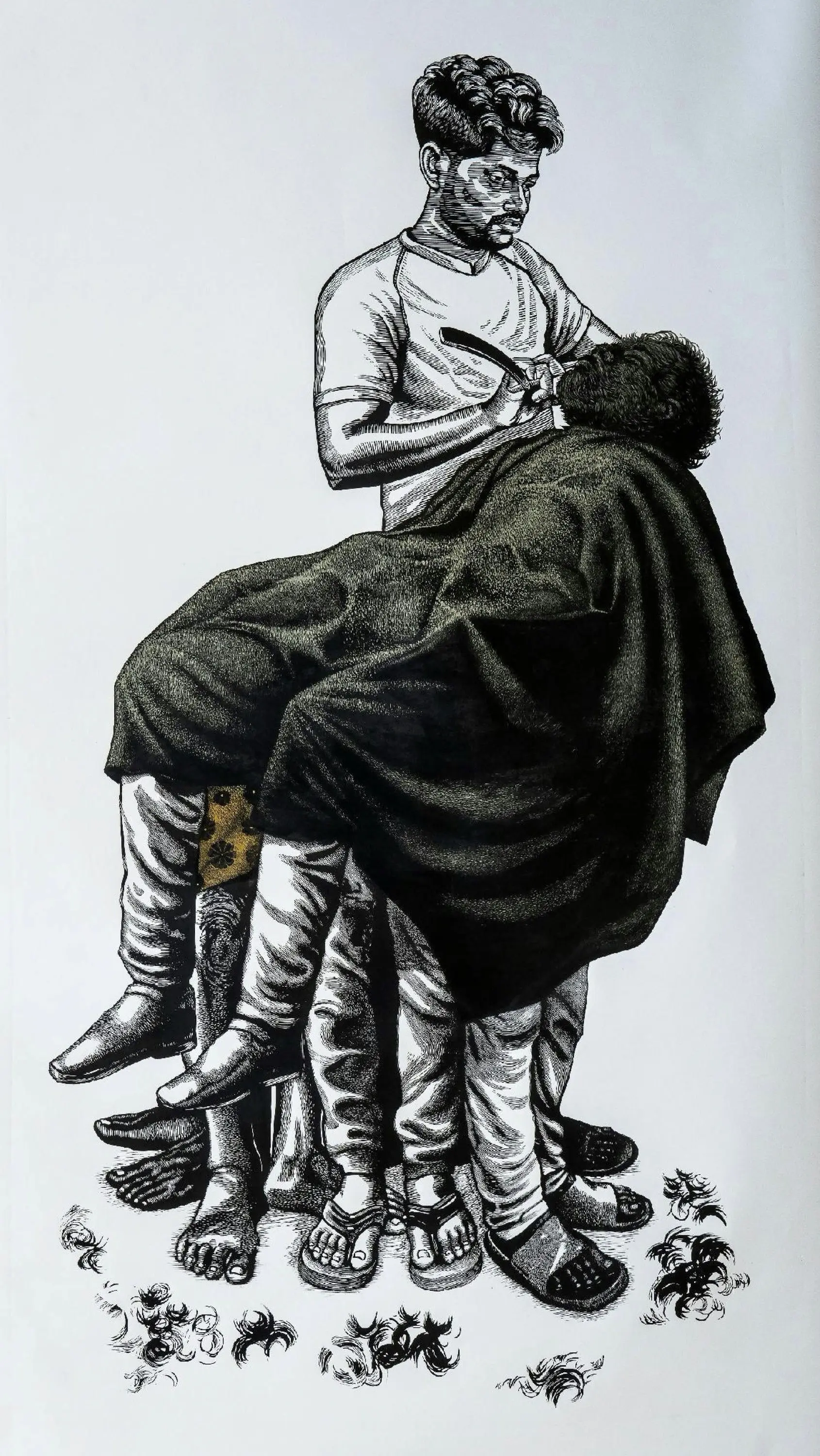 Unfamiliar hands, familiar rituals by Tukuna Dakua - Color woodcut