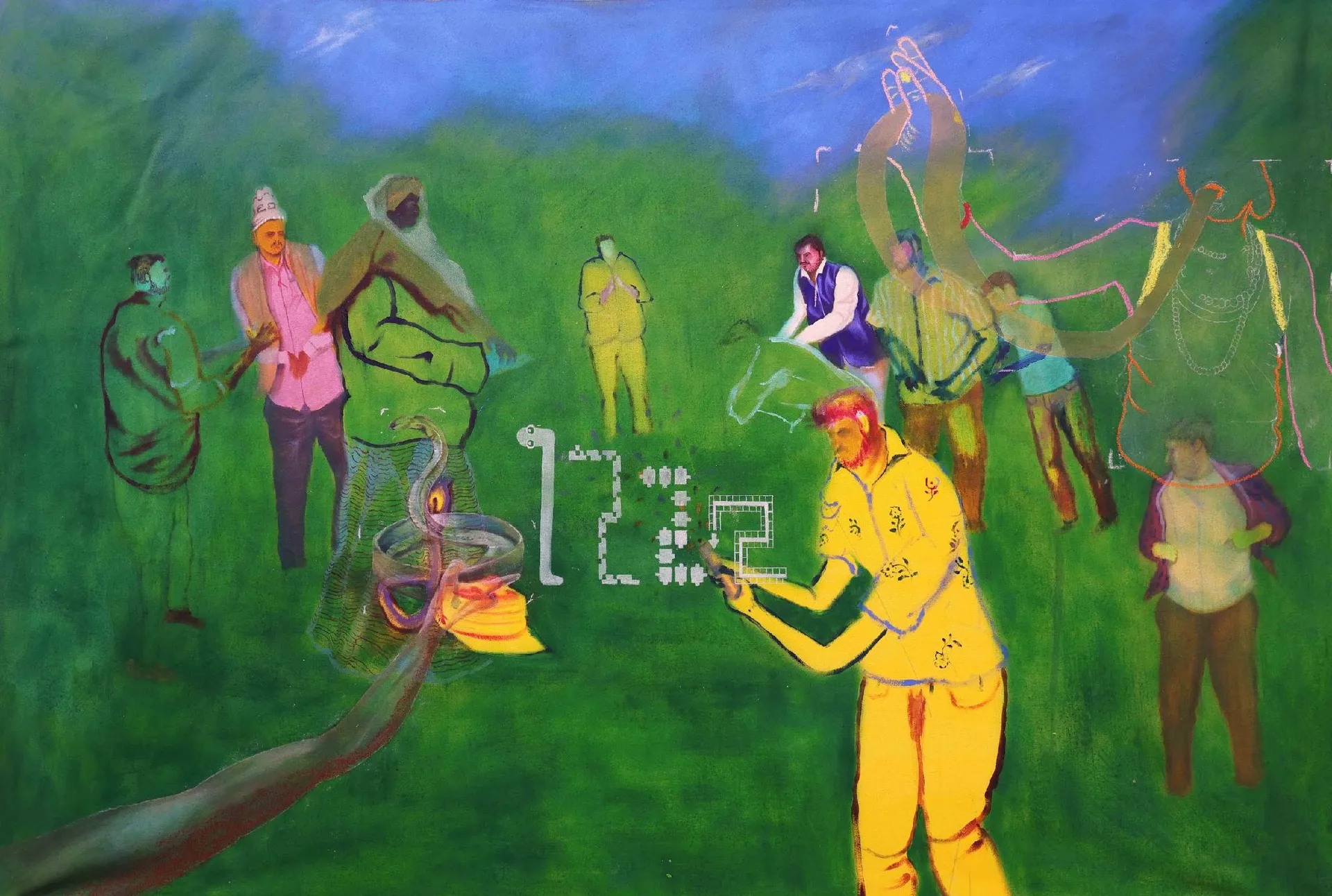साँप के जन्मदिन पर, मर्दानगी का त्योहार (On the snake's birthday, a festival of masculinity) by Shiv Shankar - Oil on cotton cloth