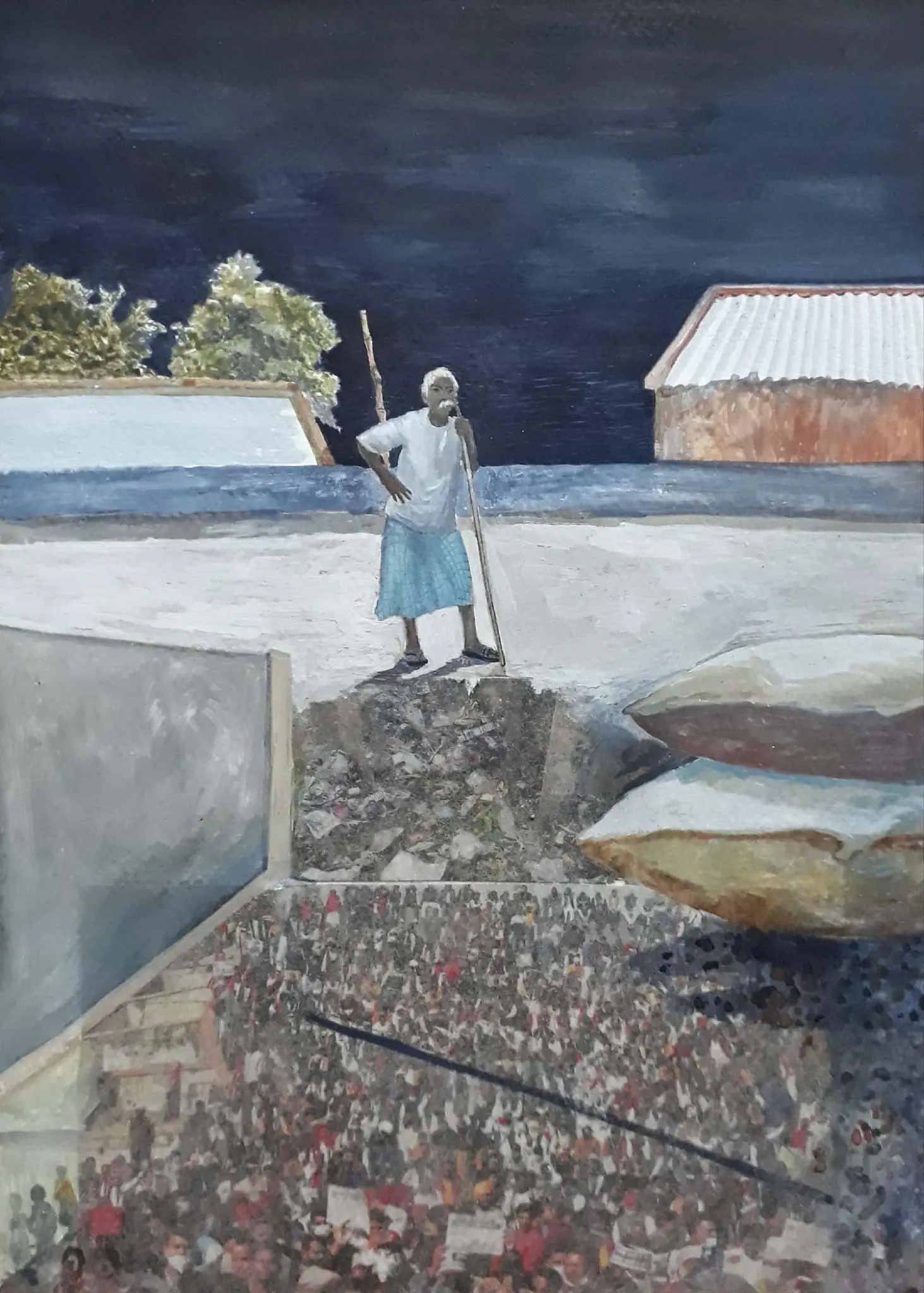 The old farmer by Bikramjit Paul - Poster color, watercolor, newspaper, charcoal, Fevicol, pencil, and gloss medium