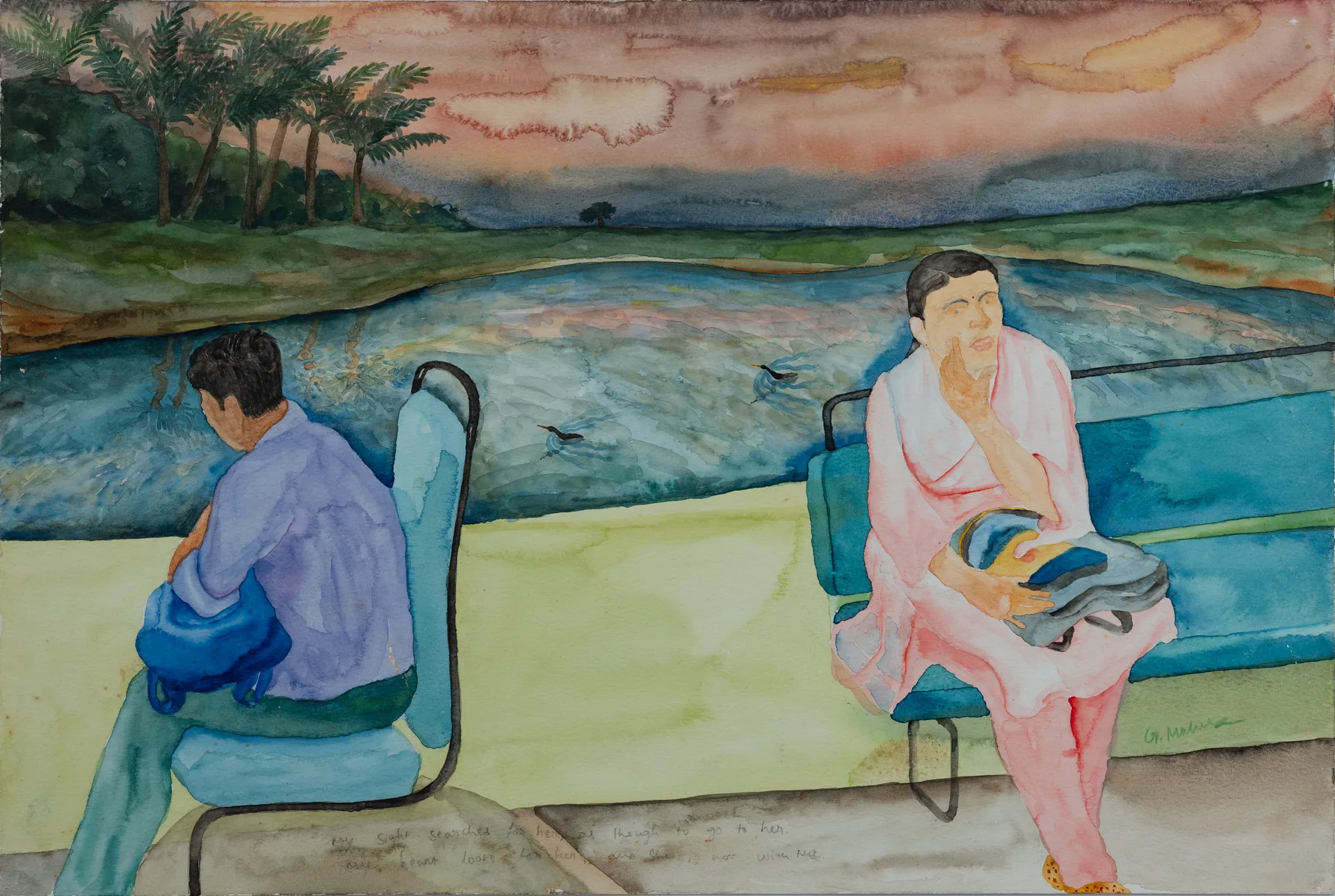 Neroda poem thinking towrds home by G. Mahesha - Watercolor on paper