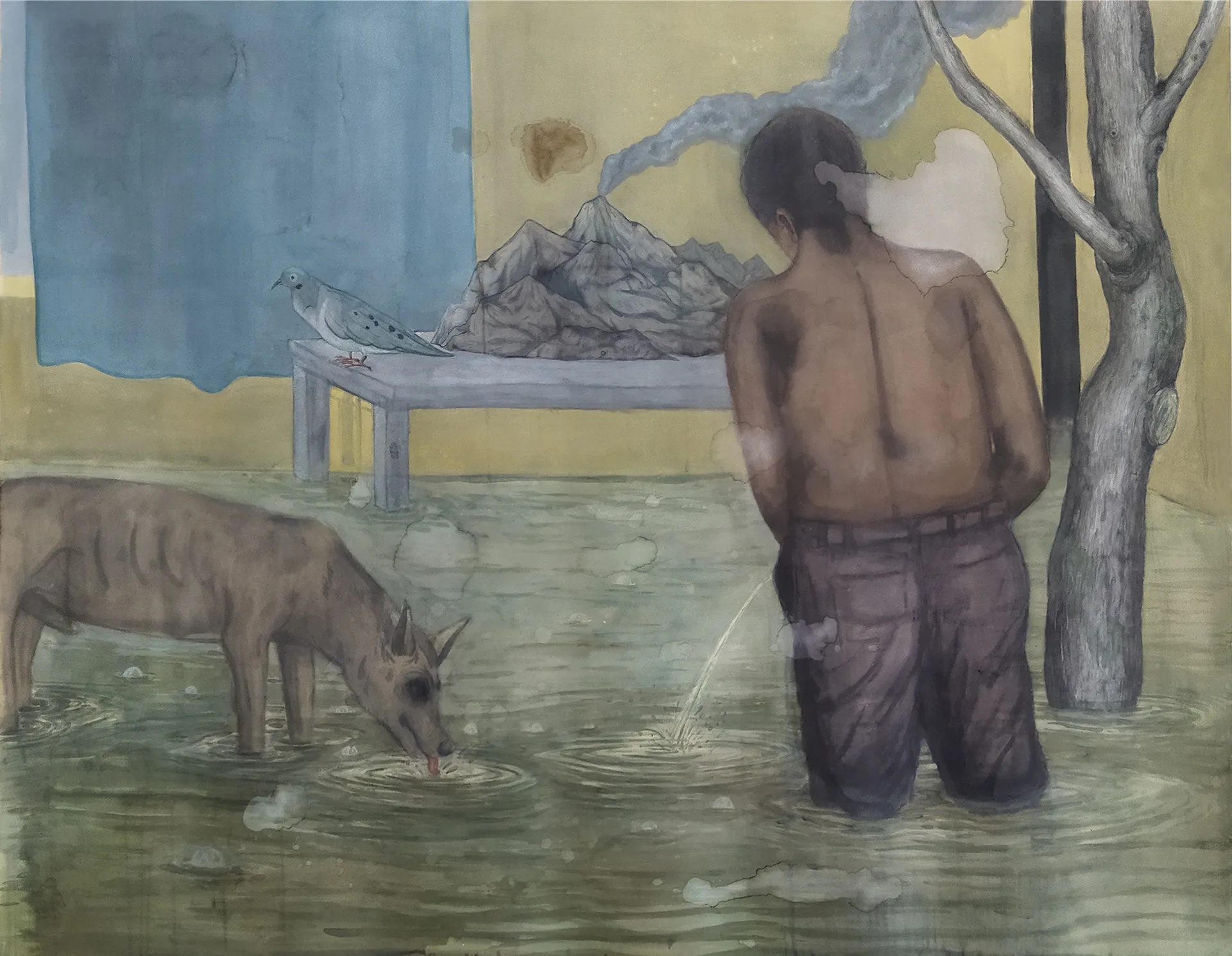 This man is a dog and will be a bird in his next life by Aryama Pal - Watercolour and acrylic on paper
