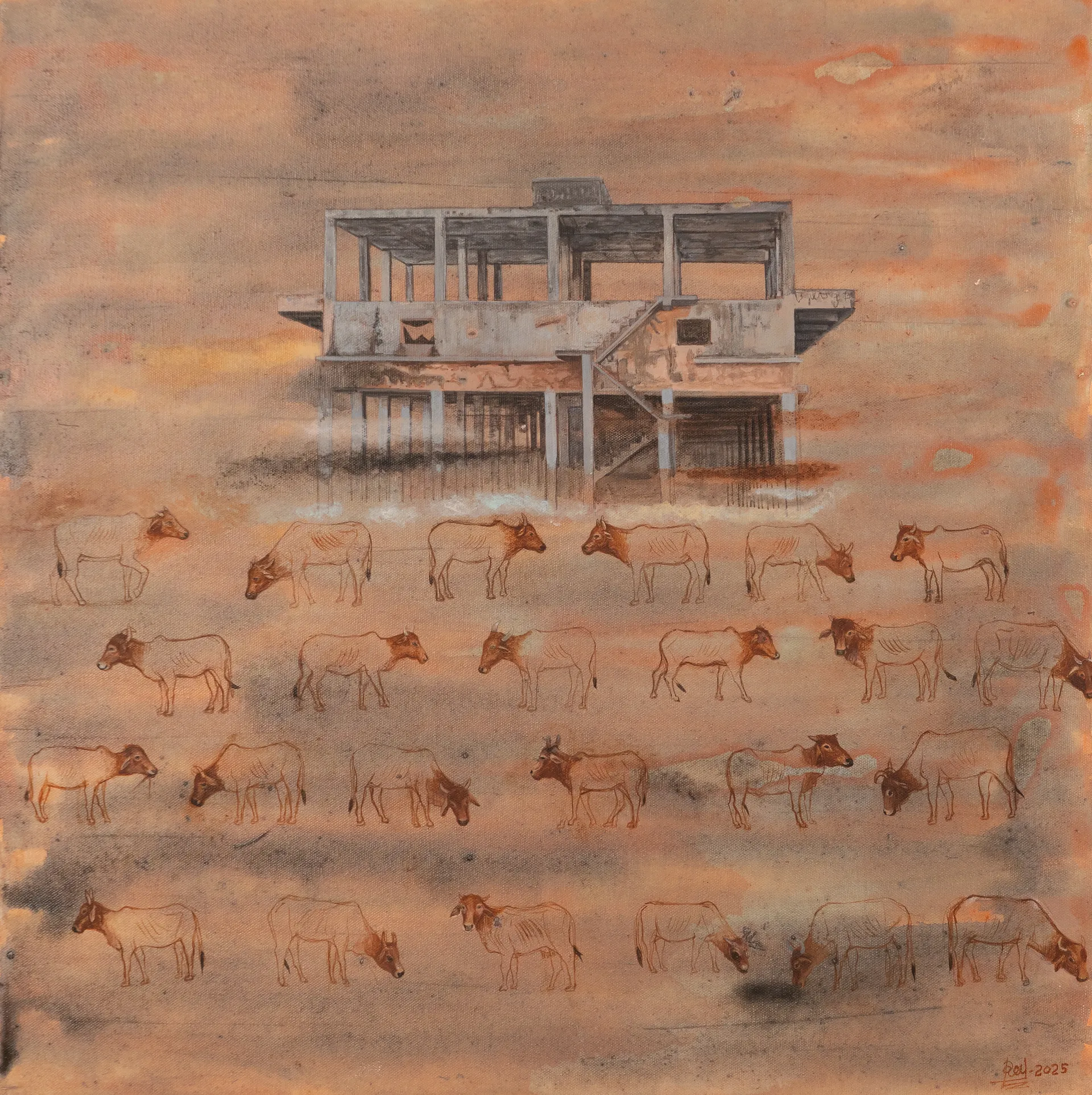A goushala - 1 by Raju Baraiya - Mixed media on canvas