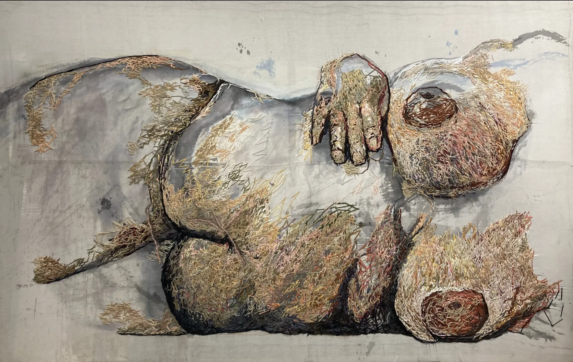Visible scars, unseen battles: A woman's tale in thread by Yambou Kong Kang - Ink, acrylic, and embroidery on markin cloth