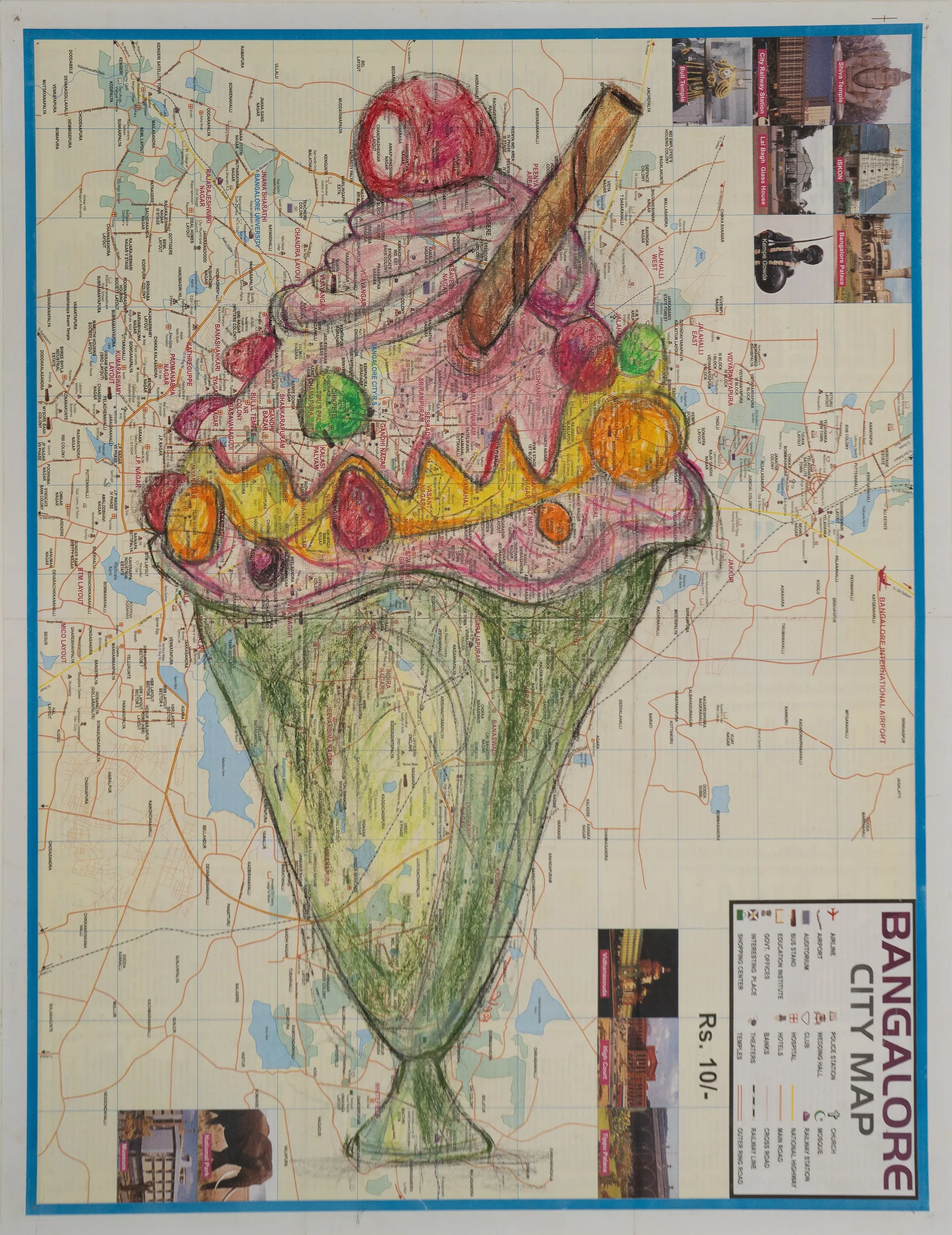 Ice cream by Prasad KV - Oil pastel on city map (paper)