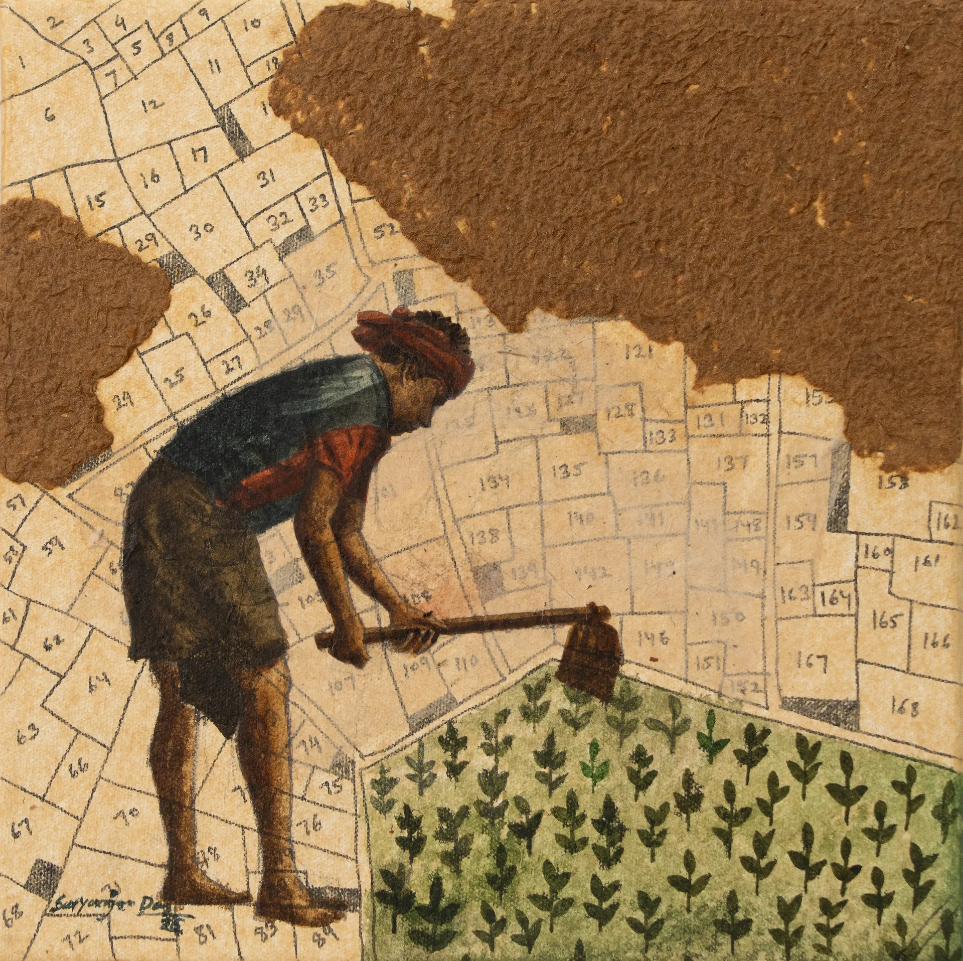 Rebirth by Satyaranjan Das - Watercolour, ink, paddy, jute thread, paper pulp, rice paper on canvas