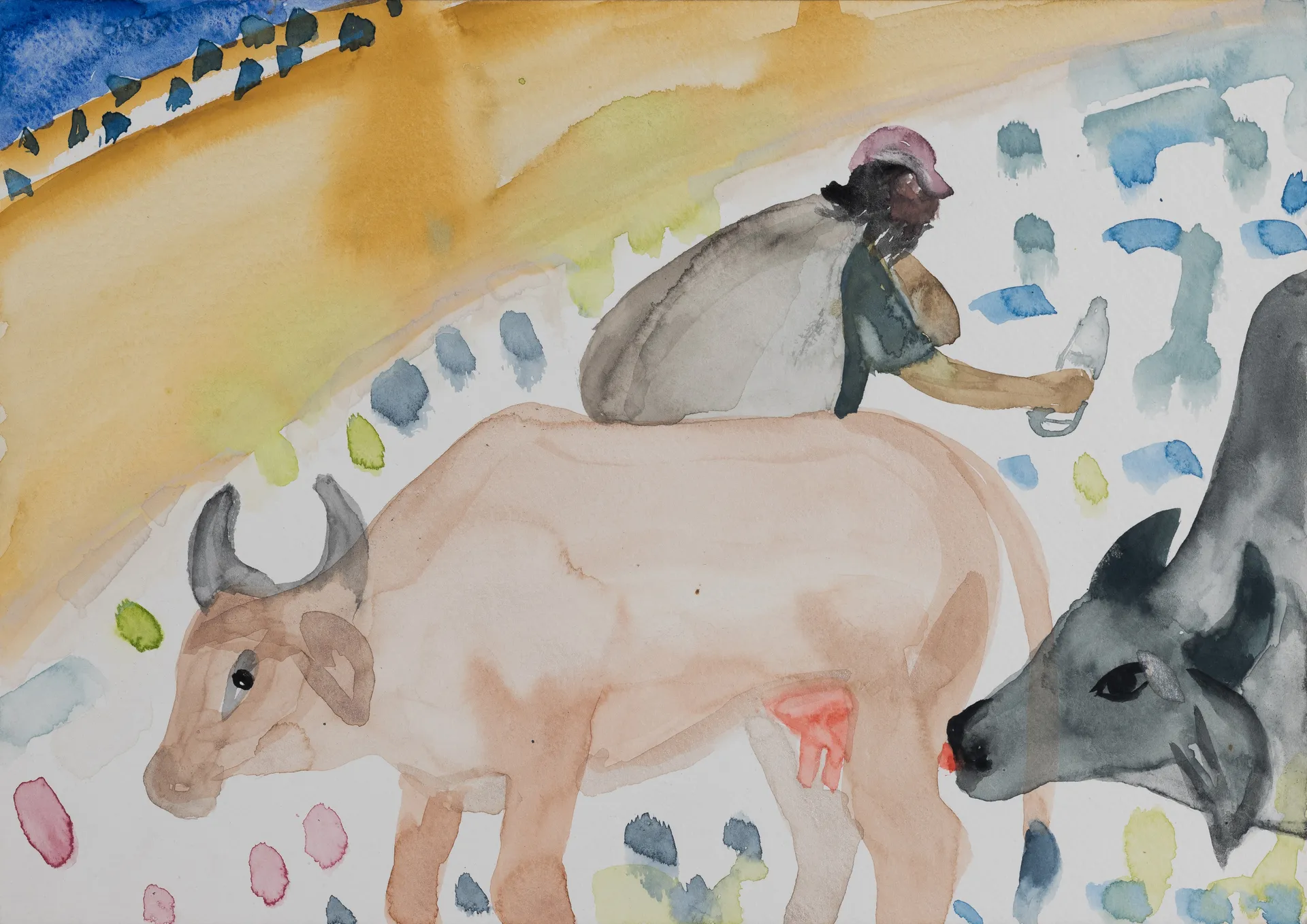 The ox with cow by G. Mahesha - Watercolor on paper