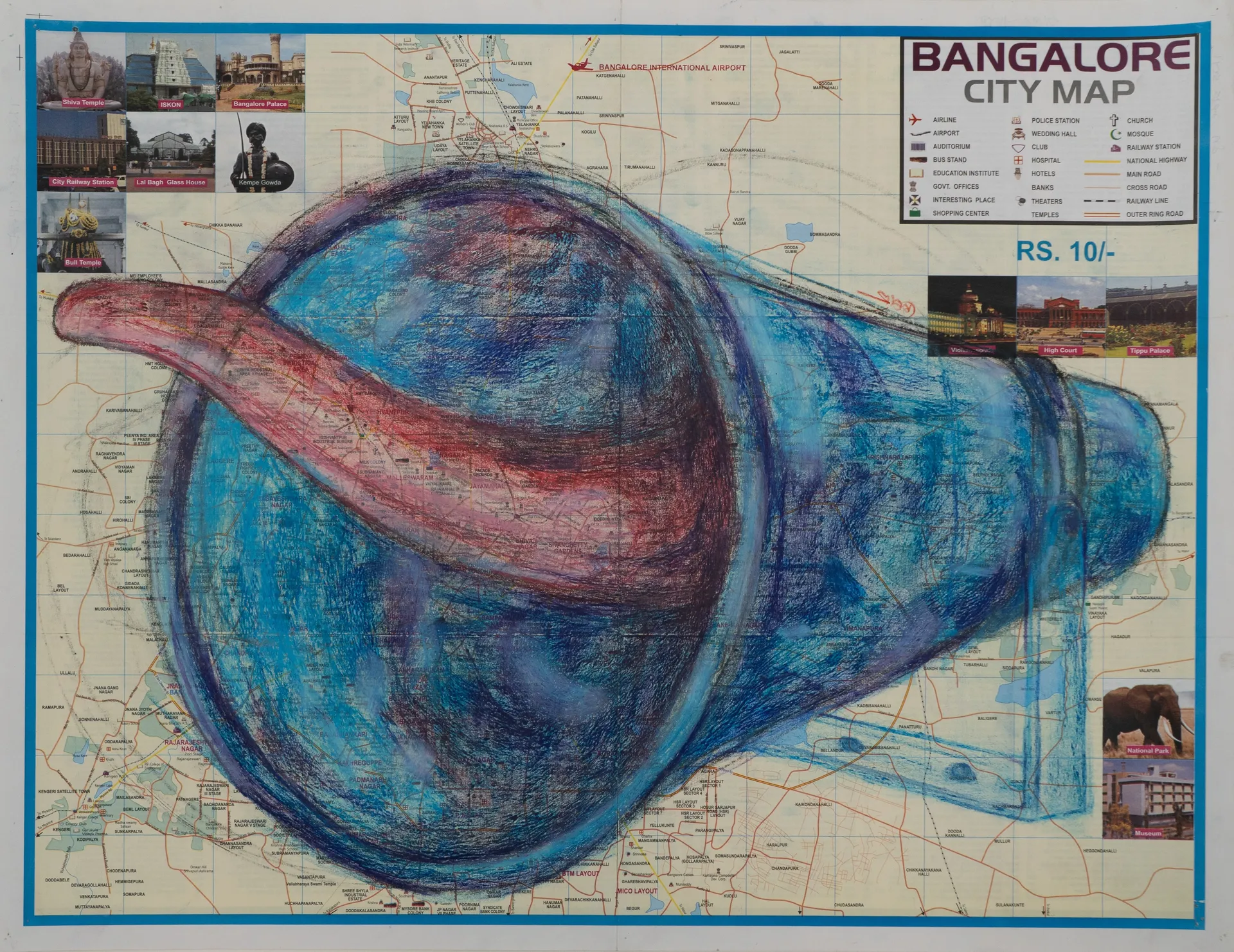 Loudspeaker by Prasad KV - Oil pastel on city map (paper)